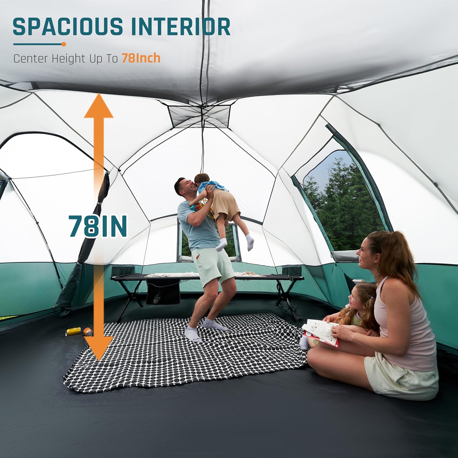 8/10/11 Person Camping Tent with Porch, Large Family Tents for Camping, PU1000MM Waterproof Tent with 5 Mesh Windows, Removable Rainfly, Reflective Windproof Rope, Big Dome Tent Fits 3 Queen Airbeds - Image 2