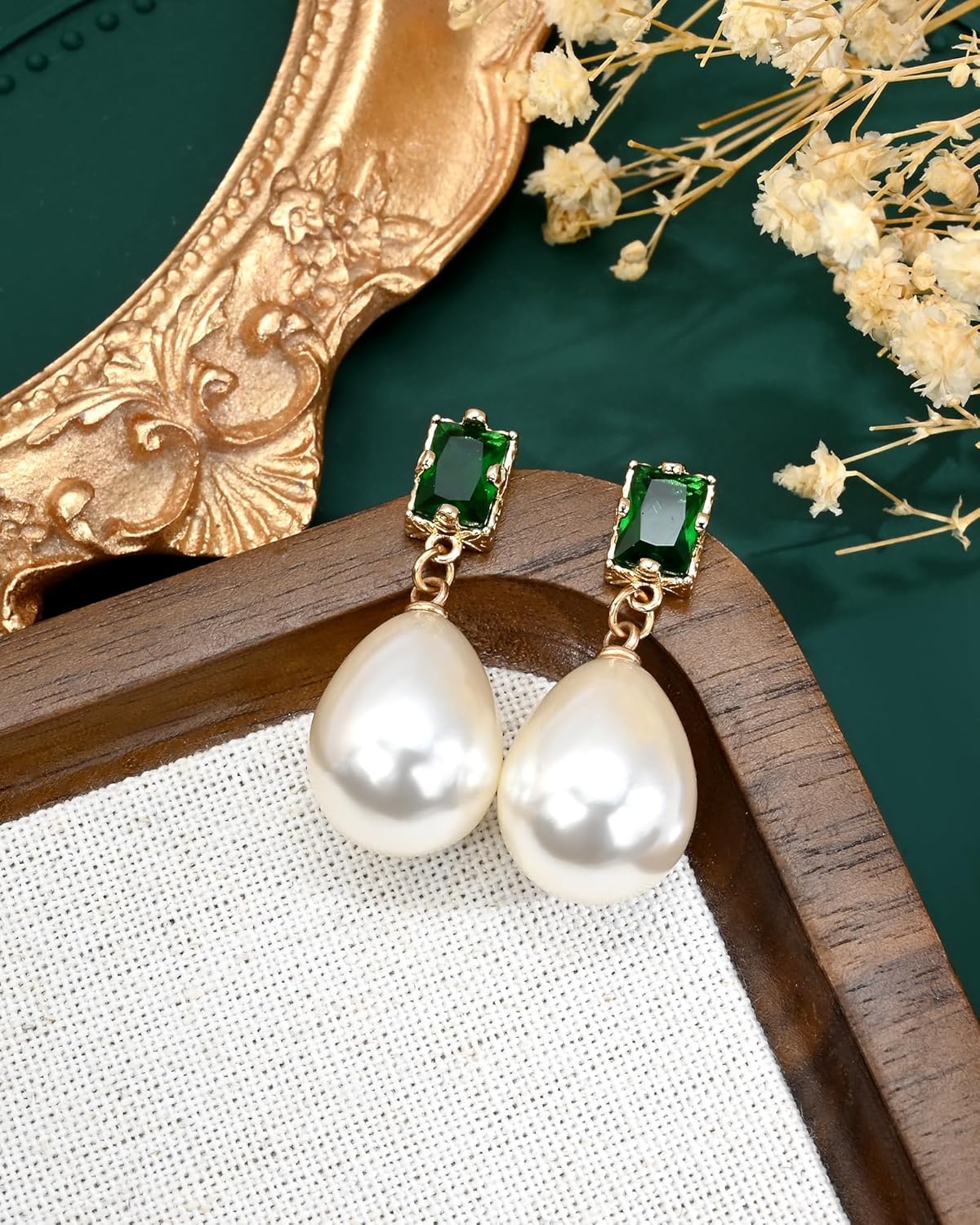 14k Gold Plated Emerald White Pearl Drop Dangle Studs Earrings Teardrop Vintage Square Stone Earrings for Women Brides and Bridesmaids - Image 2