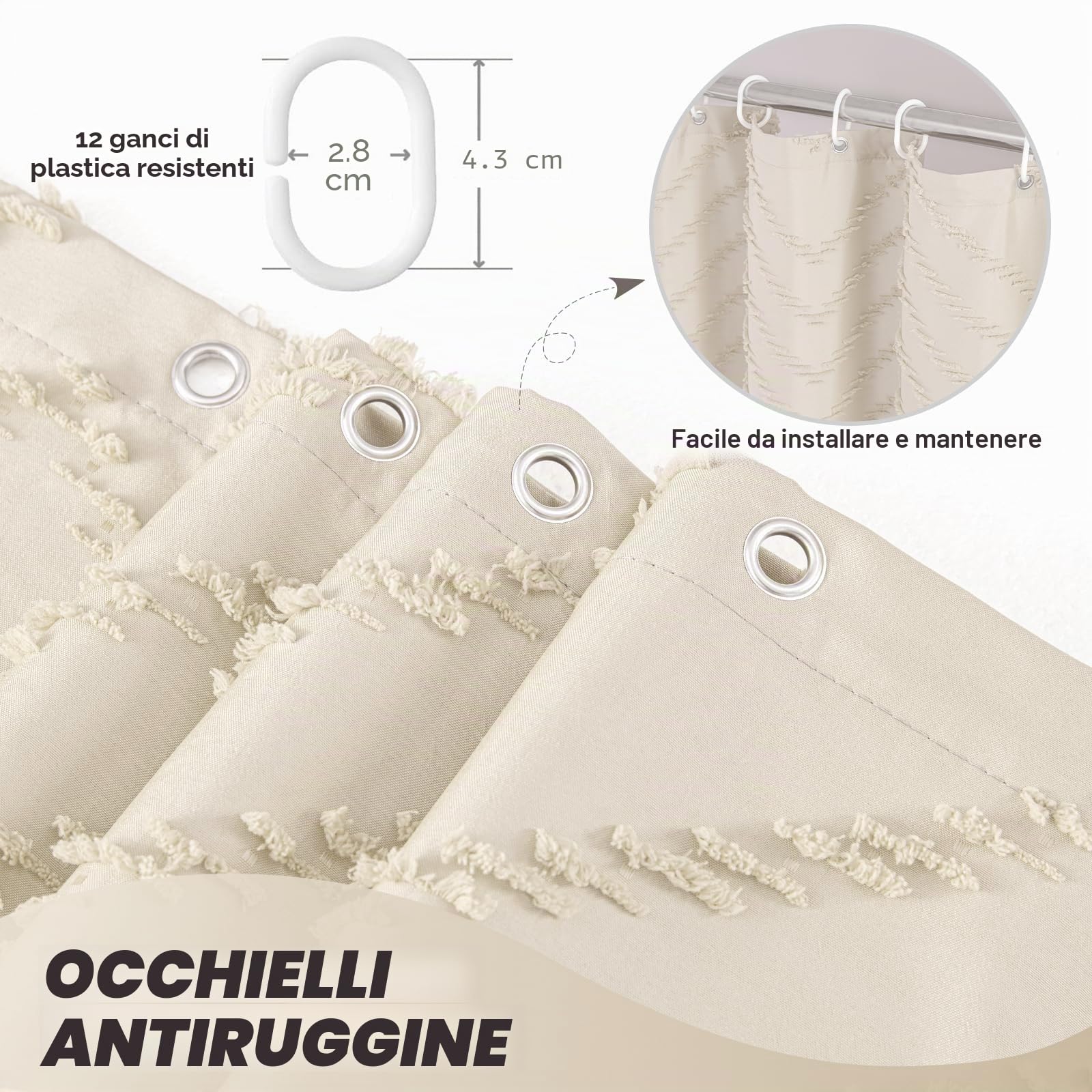 Tenda da doccia in stile bohémien, 183 x 182 cm, moderna, stile bohémien, chic, trapuntata, a righe, minimalista, in tessuto beige, crema