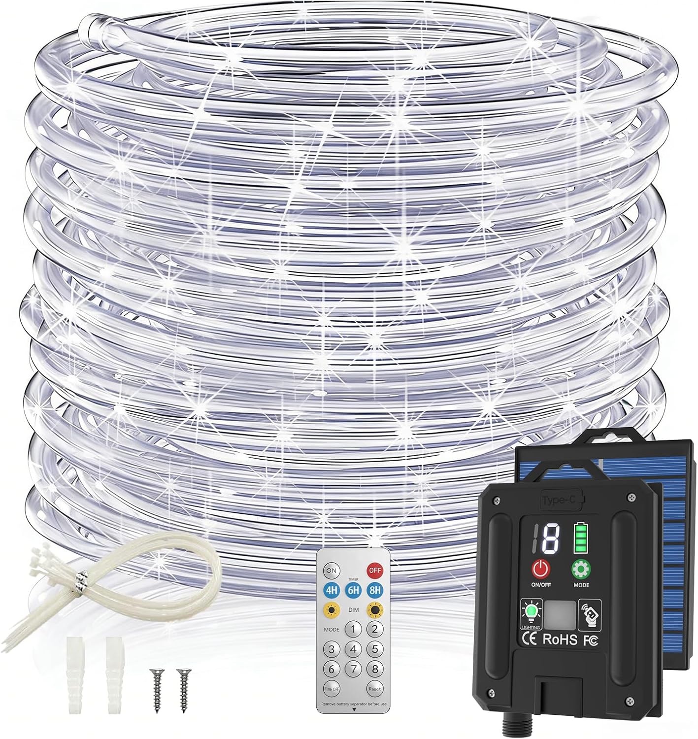 ICRGB Solar Rope Lights, 66FT 200LED 1800mAh Outdoor Waterproof Solar Lights with Remote, IP67 String Light with Timing & 8 Modes for Garden Tree Pathway Yard Pool RV Christmas Decor, White