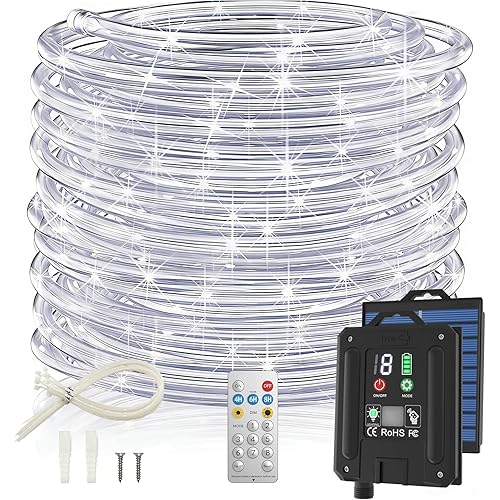 ICRGB Solar Rope Lights, 66FT 200LED 1800mAh Outdoor Waterproof Solar Lights with Remote, IP67 String Light with Timing & 8 Modes for Garden Tree Pathway Yard Pool RV Christmas Decor, White