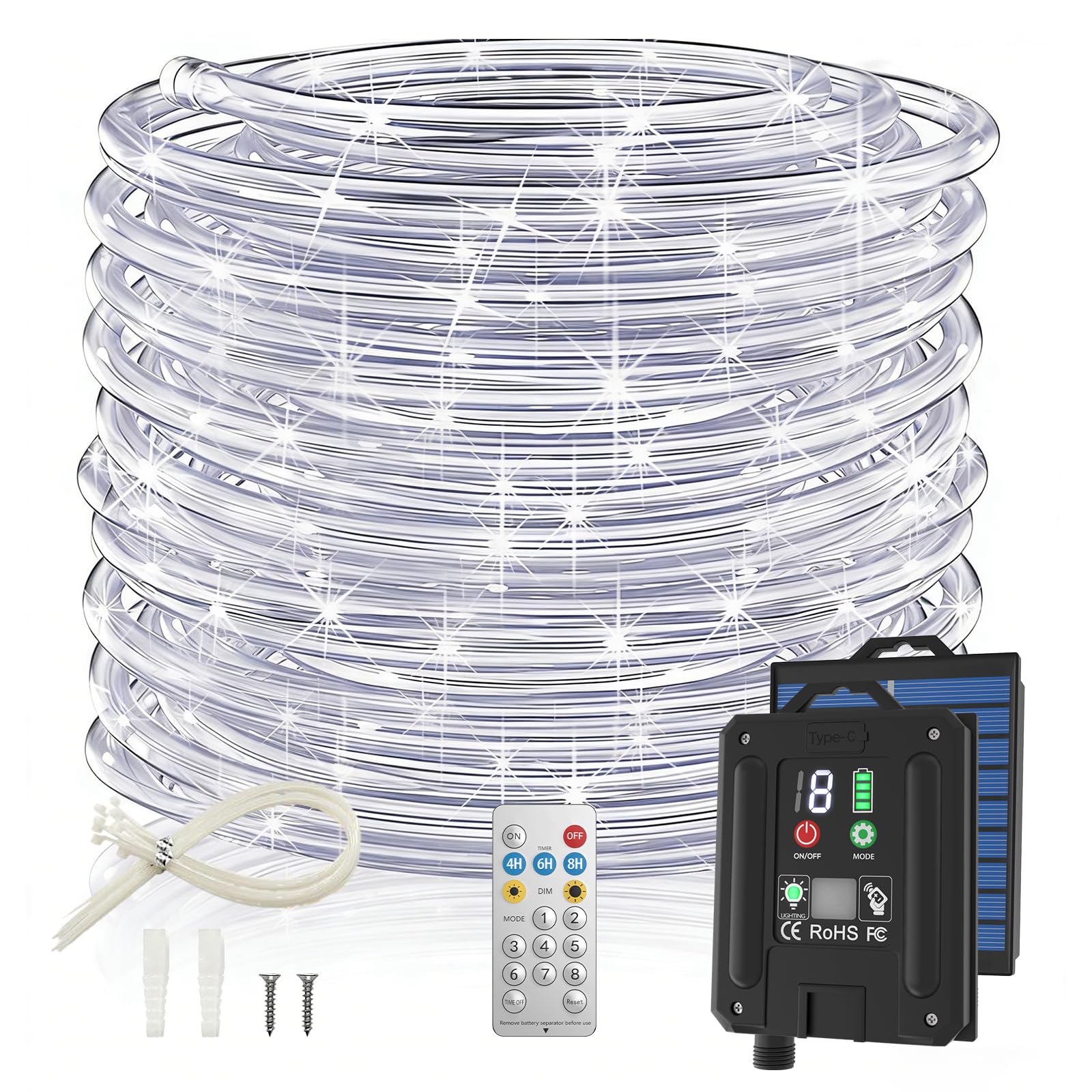 Photo 1 of ***MISSING PARTS*** Solar Rope Lights, 66FT 200LED 1800mAh Outdoor IP67 String Lights (White)