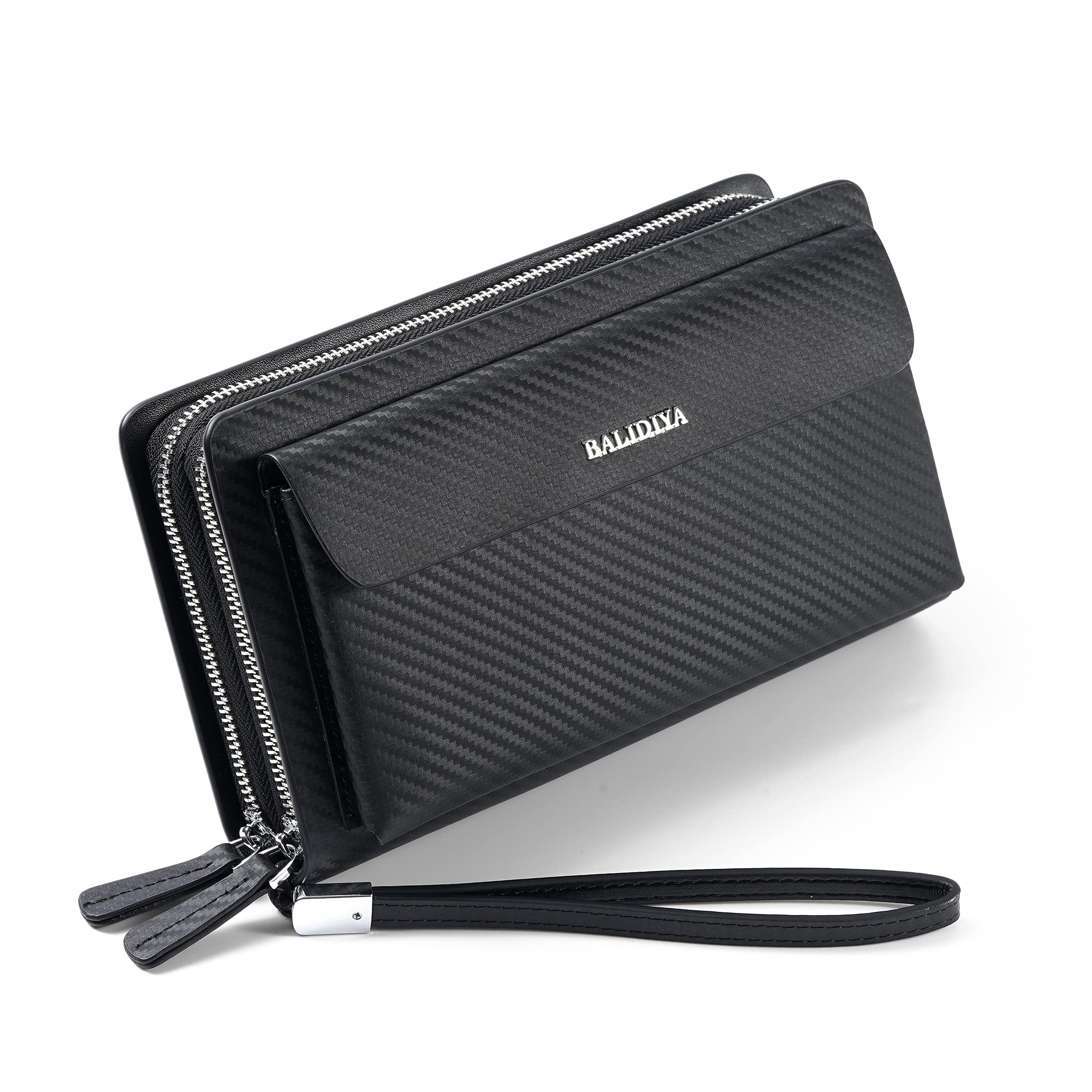 Balidiya Leather Men Clutch Bag Long Wallet Purse Card Holder Case Business Large Clutch with Double Zip Handbag