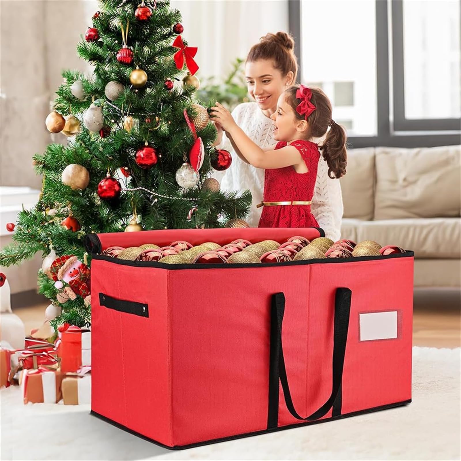 Highdi Weihnachtskugeln Aufbewahrung mit Verstellbaren Trennwänden, 128 Fächer Aufbewahrungsbox für Christbaumschmuck Faltbar mit Deckel Behälter für Urlaub und Zubehör (Rot,66 * 33 * 34cm)