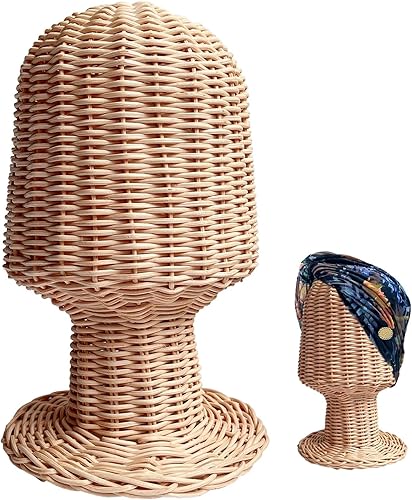 CHADWICK Soporte de cabeza de maniquí de ratán, soporte para sombreros y pelucas, escaparate de mimbre hecho a mano, estante para gorra rústica,