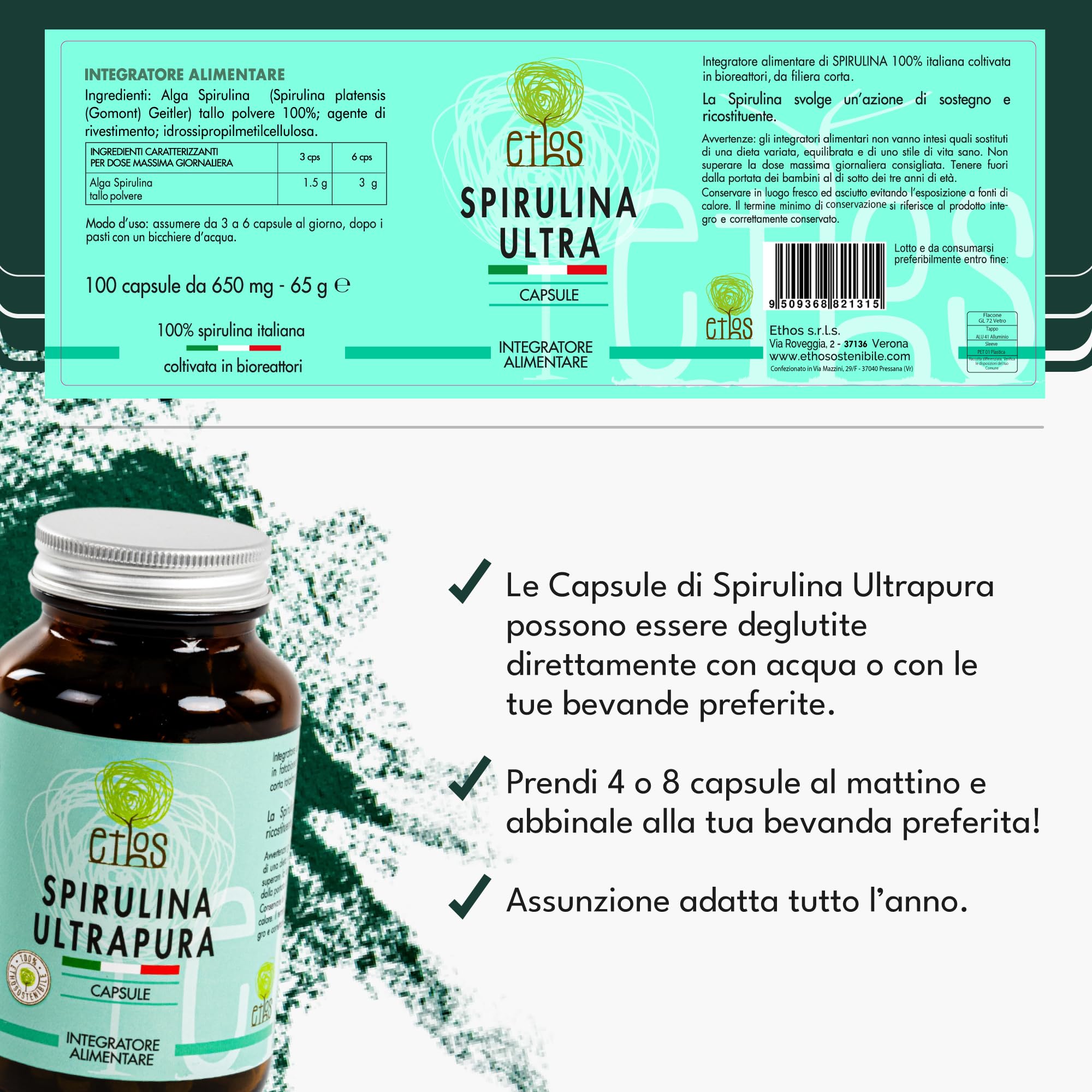 ETHOS Spirulina Ultrapura in Capsule - Alga Spirulina Pura Prodotta e Confezionata in Italia, Superfood Naturale per Performance e Benessere, Facile Assunzione, Integratore Vegan, 100 Capsule da 650mg