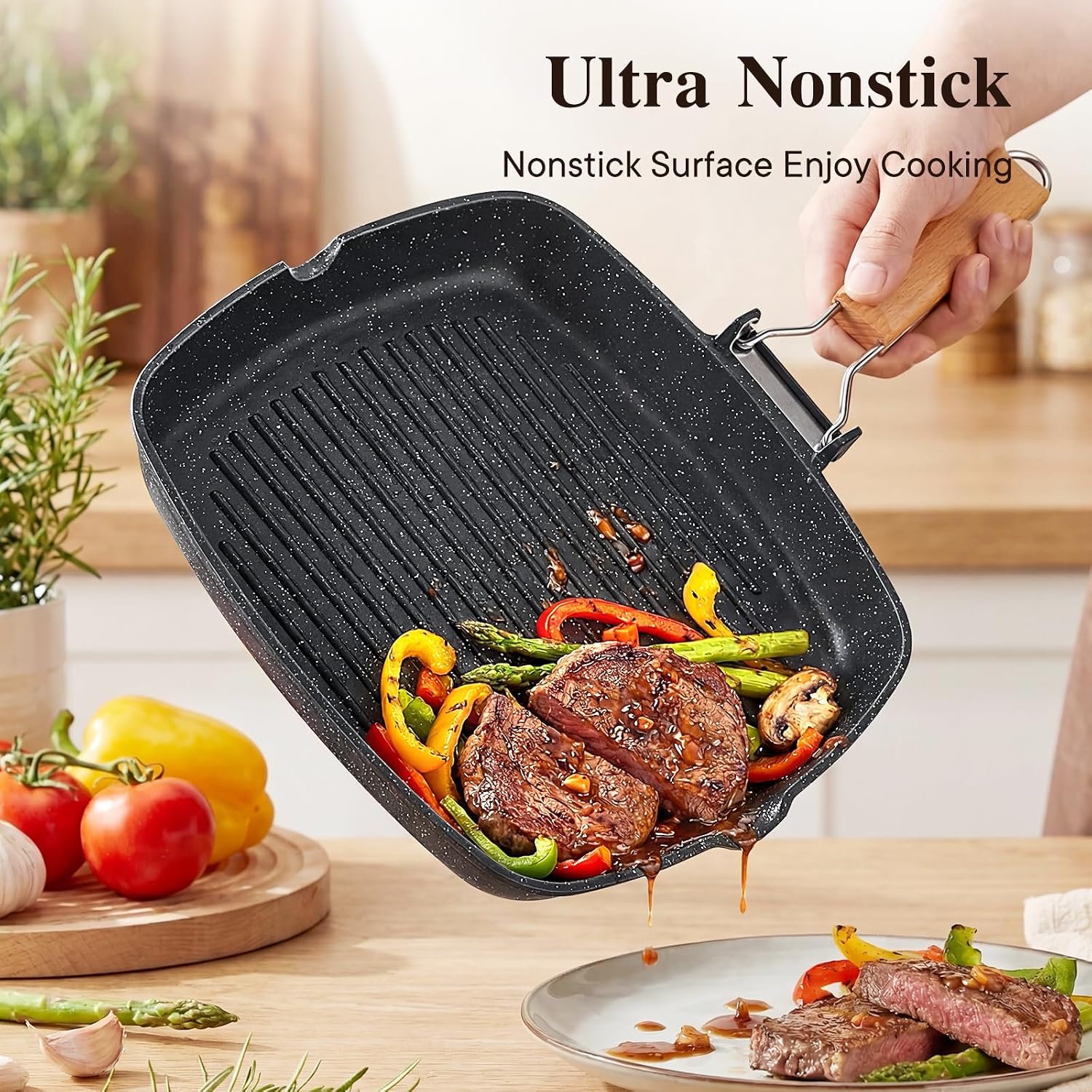 GiPP Nonstick Grill Pan with Folding Handle,Square Grill Skillet, Grilling Pan with Pour Spouts, Versatile Griddle Steak Pan for All Stove,PFOA Free, 9.5 Inch