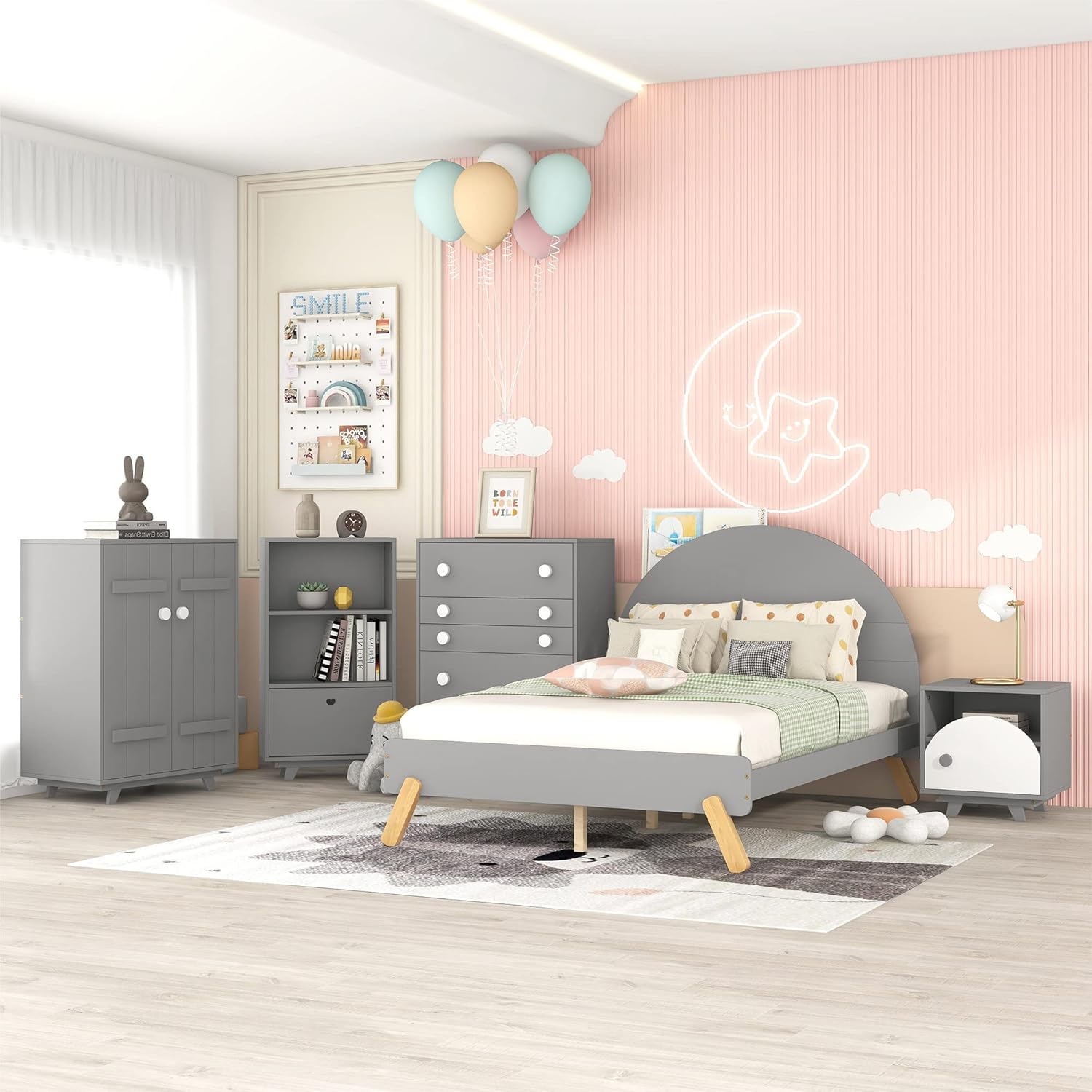 Merax Wood 5Pieces Bedroom Sets for Kids, Solid Wood