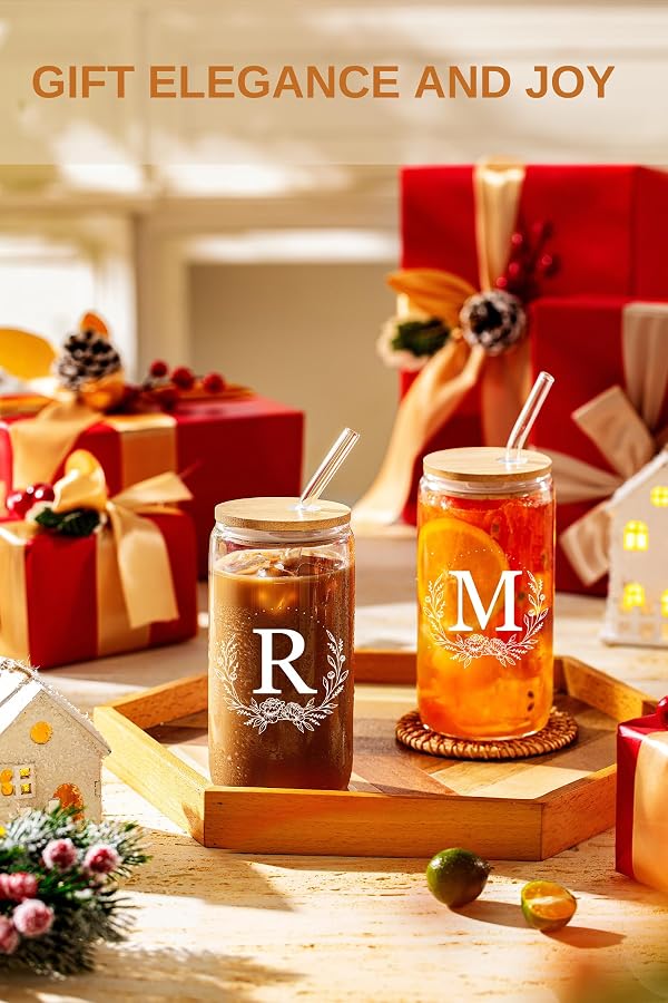 Personalized Gifts for Women, Monogrammed 16oz Glass Cups with Bamboo Lids and Straws, Customized Glass Tumbler, Cute Custom Mug, Customizable Initial Iced Coffee Glasses, Birthday Bridesmaid Mom, R by Loihayazea - Image 2