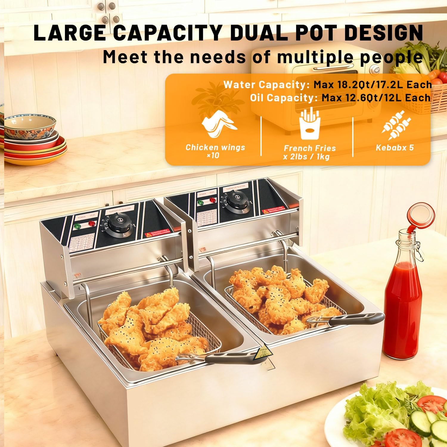 Commercial Electric Deep Fryer with Basket, 18.2Qt/17.2L Dual-Tank Large Capacity Stainless Steel Fryer, 3000W Rapid Heating with Removable Oil Pot & Temp, ETL Certified for Restaurant & Home Use