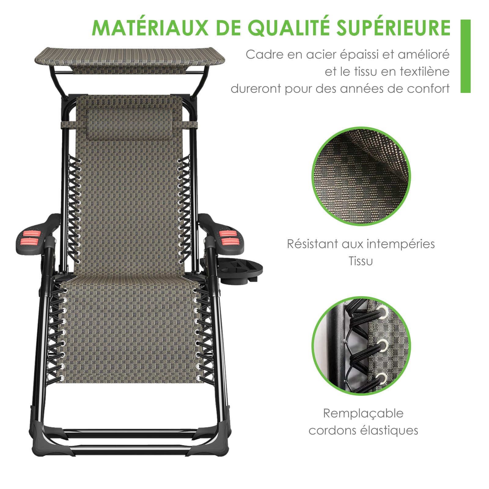 ATORPOK SHOP Bain de Soleil Chaise Longue de Jardin avec Pare-Soleil & Coussin，Fauteuil de Jardin Chaise Longue Pliable & Inclinable，capacité 200kg Pliable & résistant aux intempéries