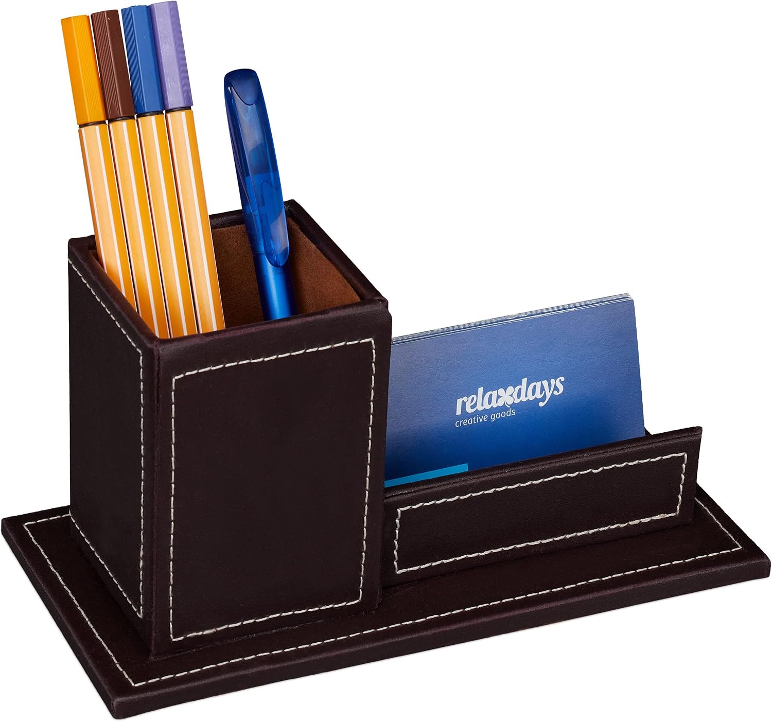 Relaxdays Desk Organiser, Pen Cup & Business Card Holder, H x W x D: 10.5 x 20 x 10 cm, Faux Leather, Black