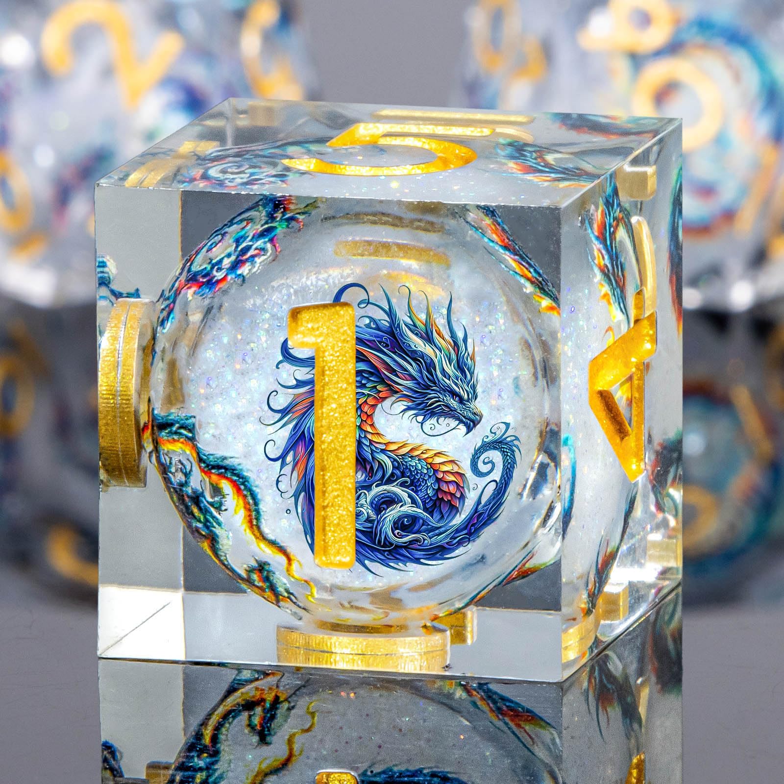 Roycevon Dragon Pattern Liquid Core DND Dice Set, 7Pcs Sharp Edge D&D Dice with Gift Box, Resin White Role Playing Dice D20 D12 D10 D8 D6 D4