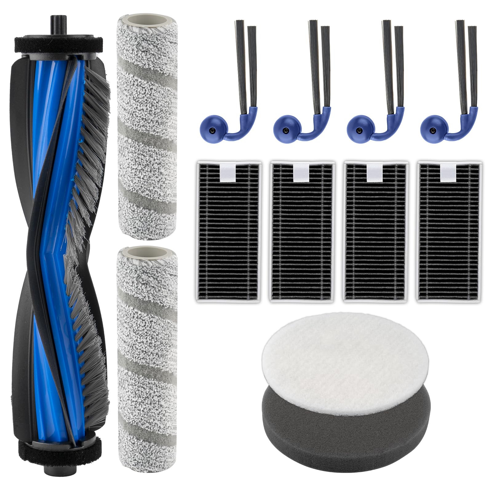 13 Pack X11 OmniCyclone Replacement Parts for Ecovacs Deebot X11 OmniCyclone Robot Vacuum, 1 Roller Brush, 2 Roller Mops, 4 HEPA Filters, 1 Grey + 1 White Foam Filters for Base Station, 4 Side Brushes