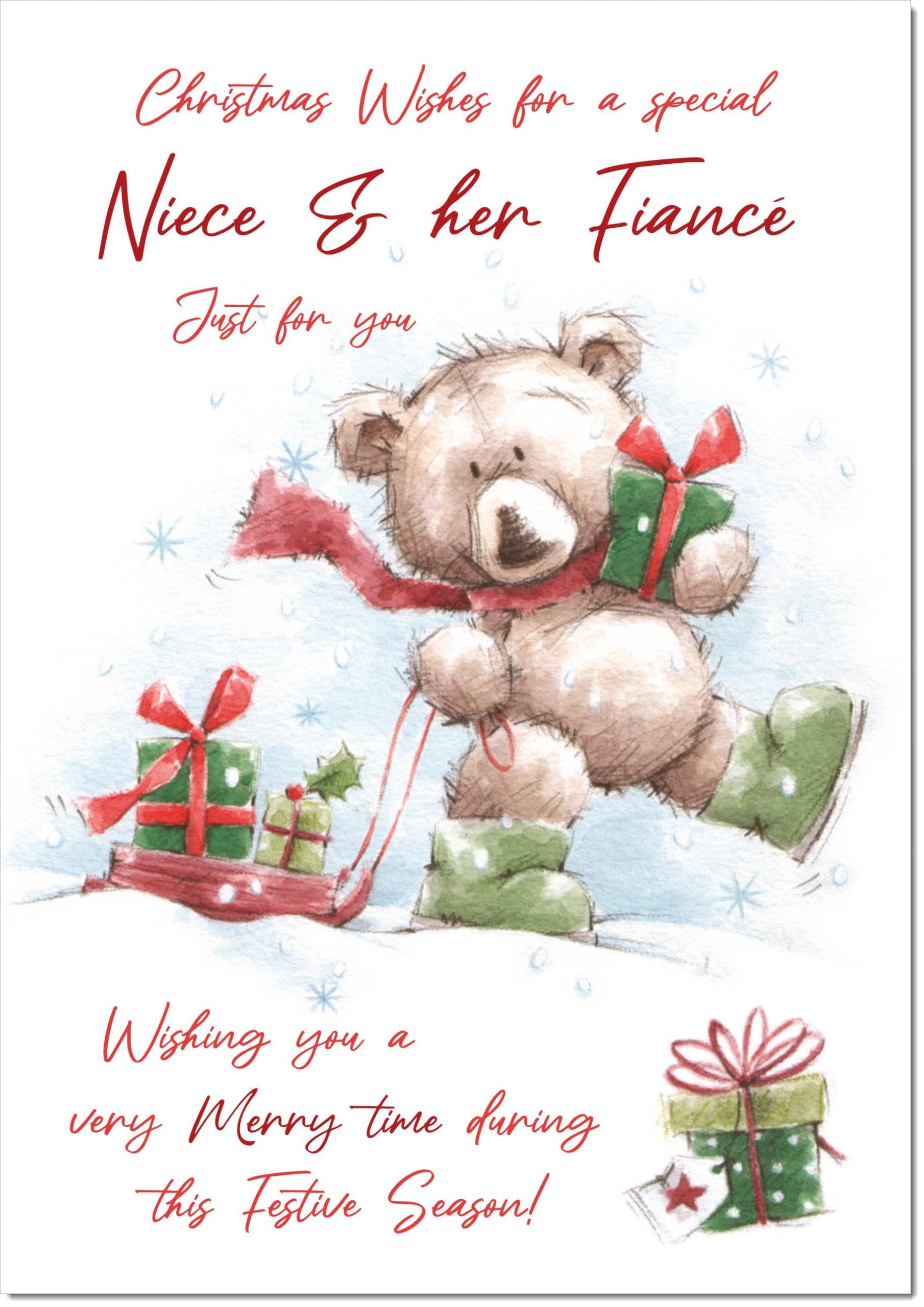 doodlecards Niece and Fiance Christmas Card Cute Bear with Sled Large A4 Size Christmas Card for Niece & Fiance with Plain Envelope — image 1