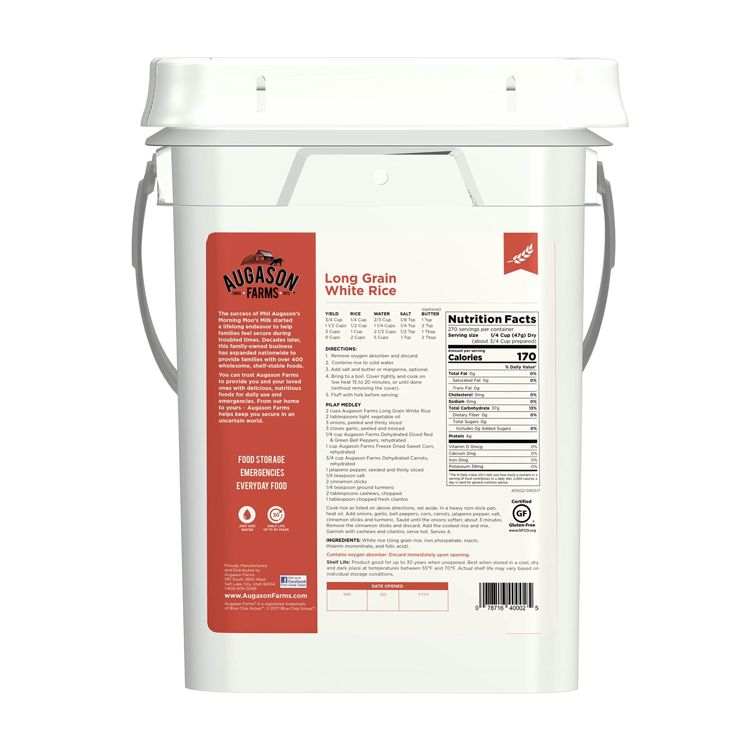 Long Grain White Rice Emergency Food Storage 24 Pound Pail