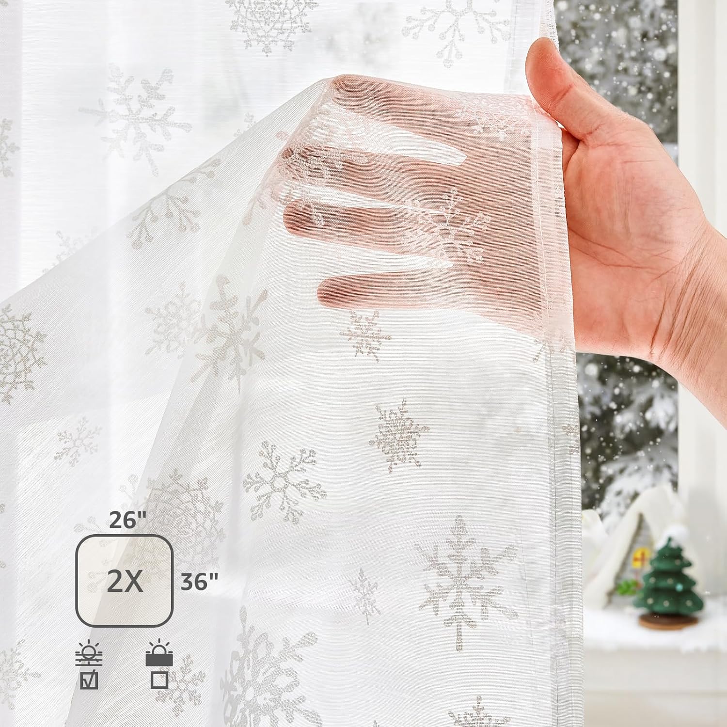 jinchan White Sheer Snowflake Curtains 36 inch Holiday Christmas Decorations Cafe Curtain Cottagecore Tier Kitchen Curtains for Living Room Bedroom Small Windows Rod Pocket 2 Panels White