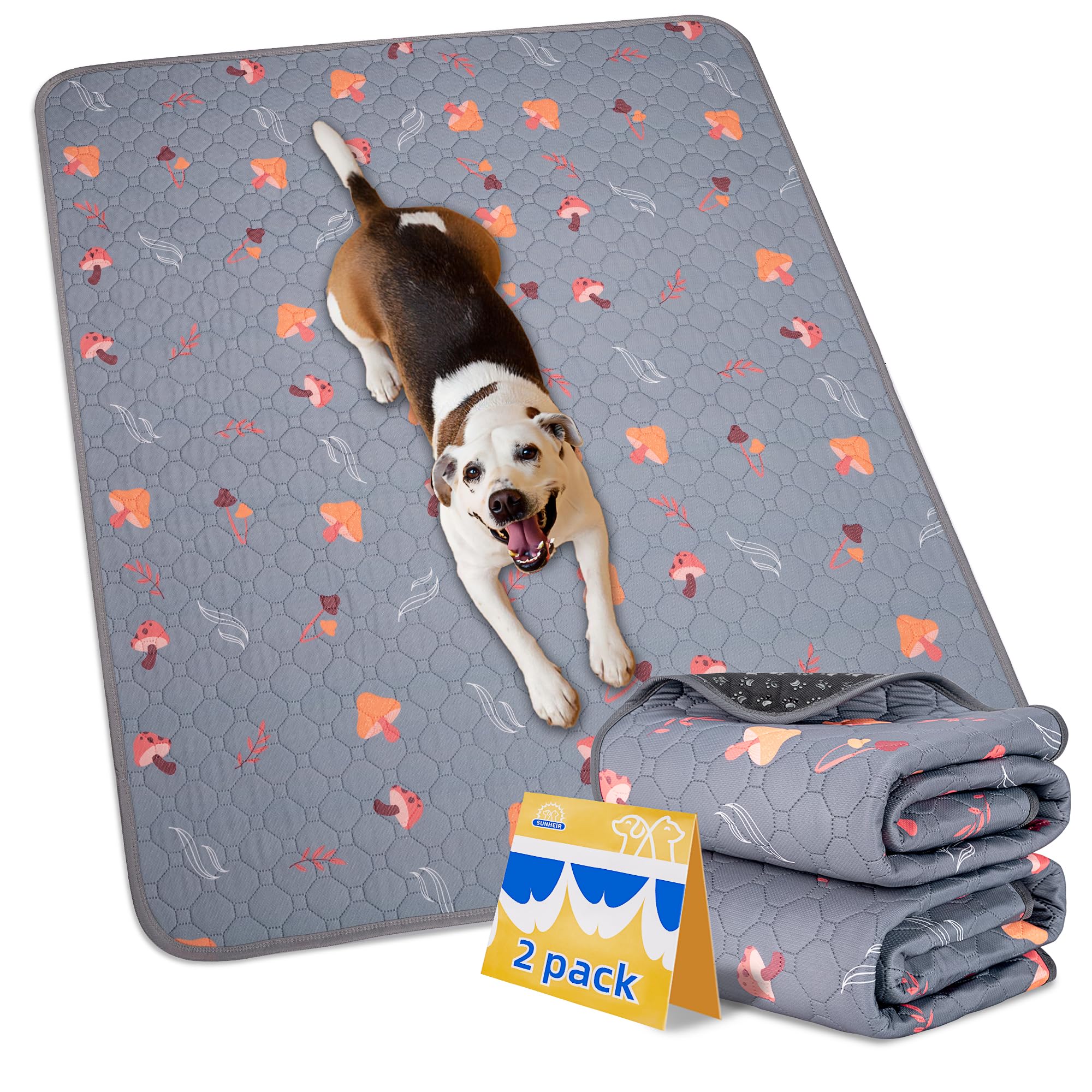 Sunheir 2-Pack Washable Pee Pads for Dogs - 34'' x 30'' Super Absorbent Reusable Puppy Training Pads - 100% Waterproof, Non-Slip, Whelping Pads with Puppy Playpen, Incontinence, Potty, Light Grey