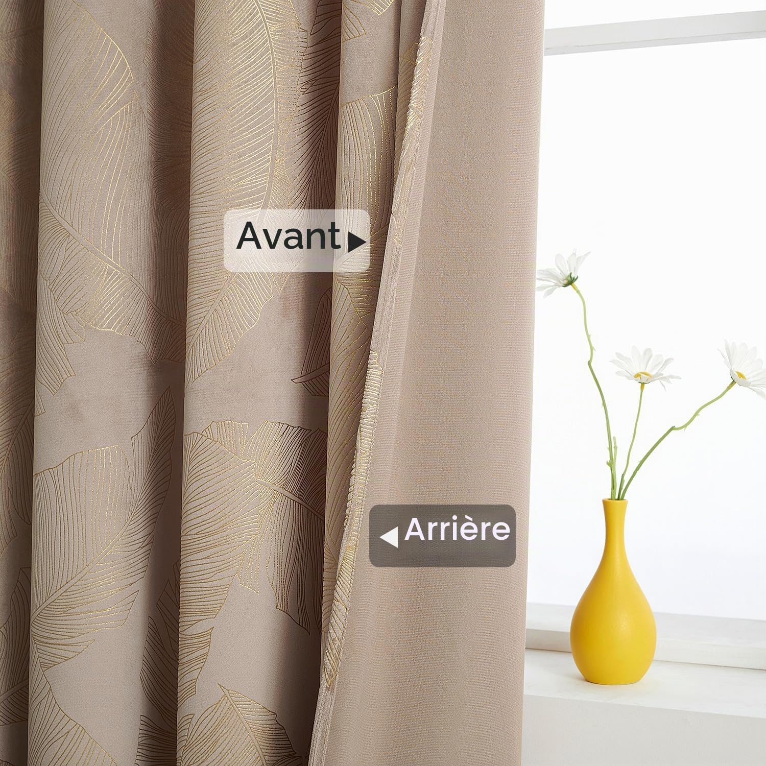 MIULEE Velours Feuille dorée Galon 2p L140 H245 Beige | Rideau velours isolant thermique opaque à galon froncé, motif feuille dorée pour salon et chambre