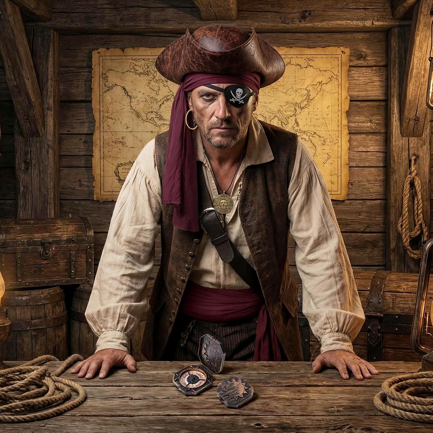 Brown Pirate Tricorn Hat & 6Pcs Pirate Accessories Set for Adults