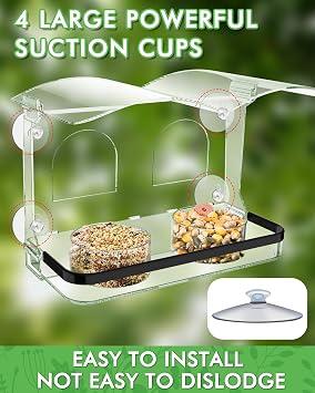 Window Bird Feeder with Strong Suction Cups, Clear Acrylic Design for Close-Up Bird Watching, Durable, Weatherproof, Easy to Install, Large Seed Tray, Drain Holes to Keep Food Dry, For Outdoor