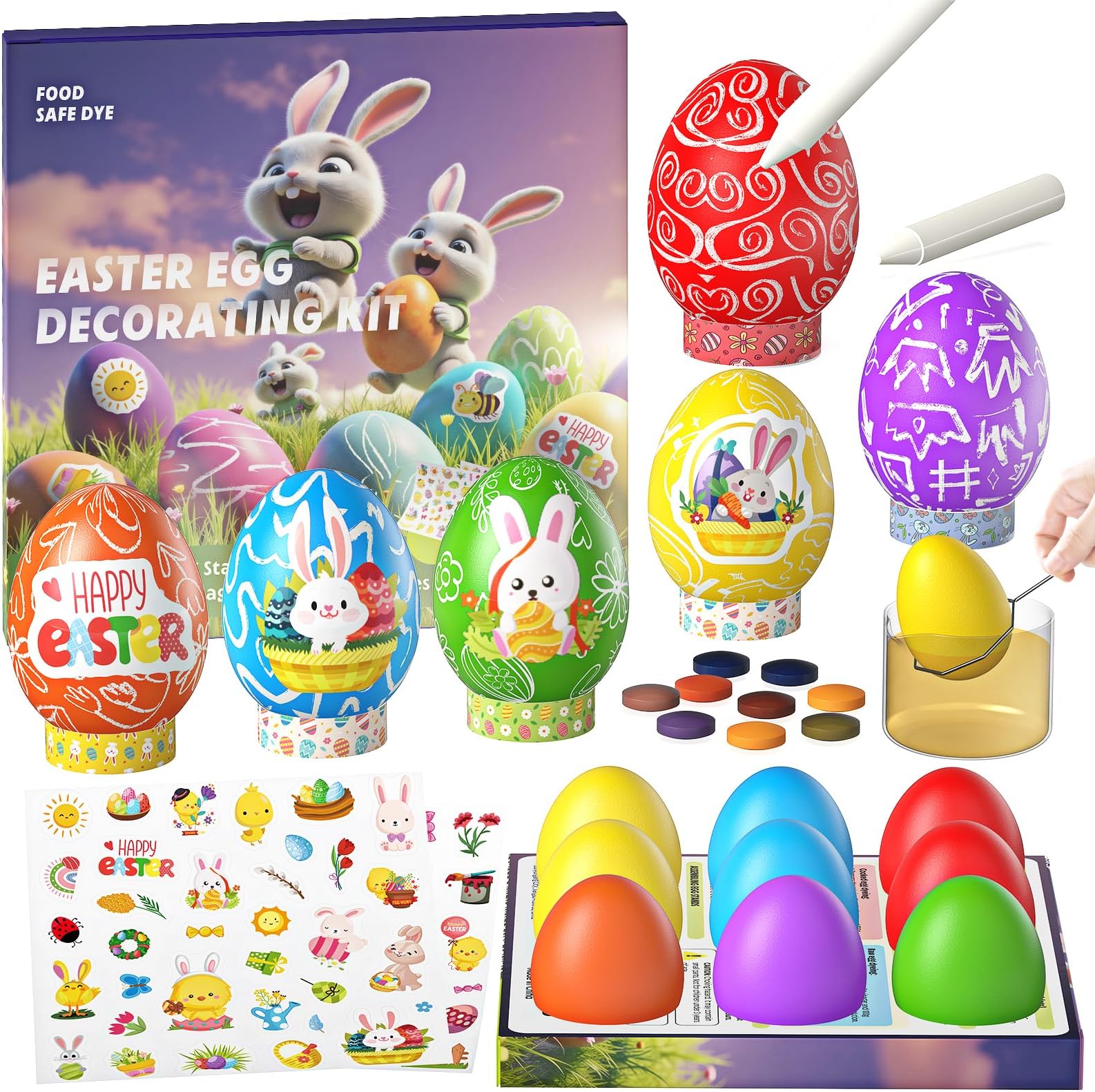 Easter Egg Decorating Kit with 9 Food Coloring Dye Tablets, 68 Stickers, Magic Crayons & 9 Egg Stands | Non-Toxic, Edible Food Dye DIY Craft Set for Easter Celebrations & Party Supplies
