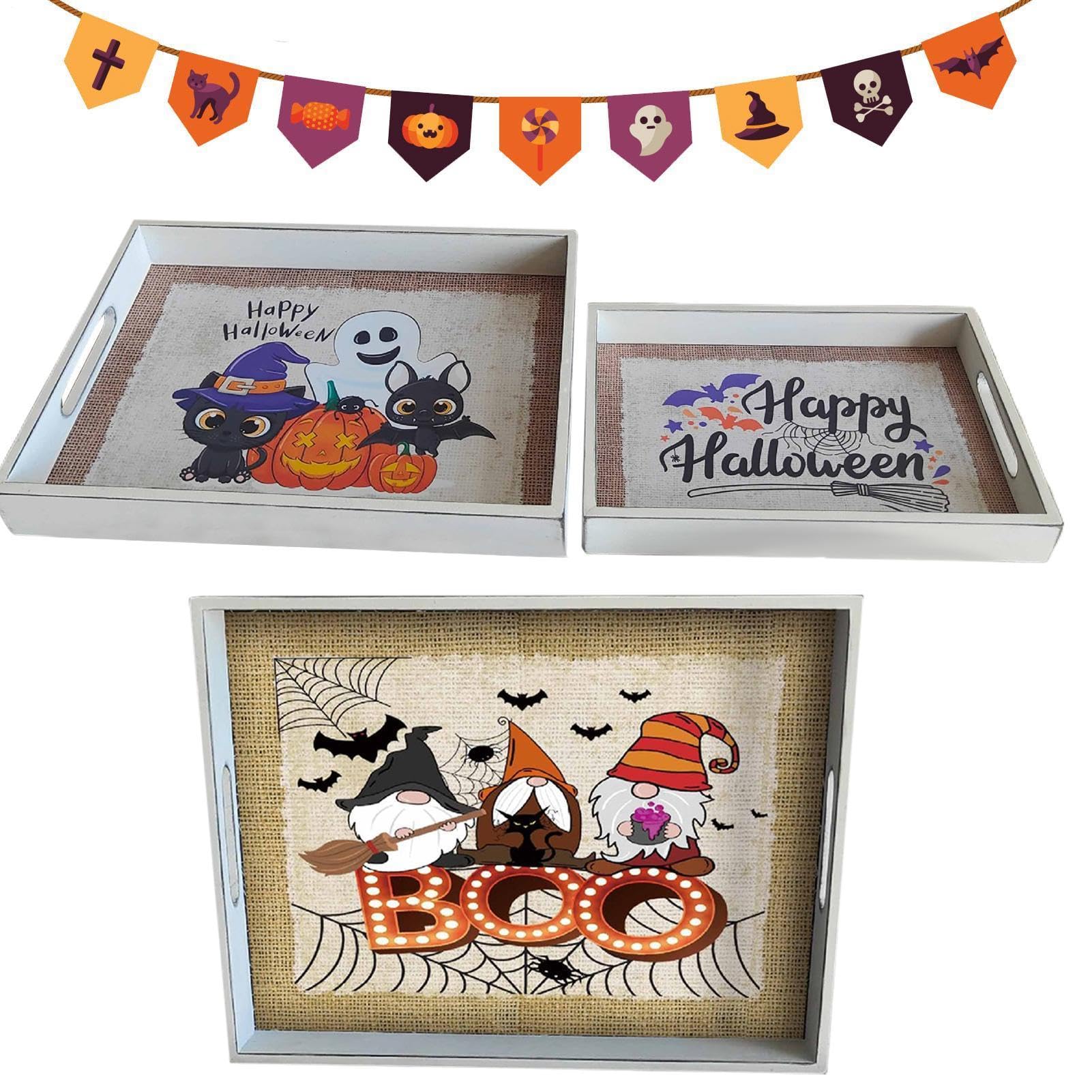 Vassoio Portavivande Halloween portaoggetti in legno con manico, 3 pezzi