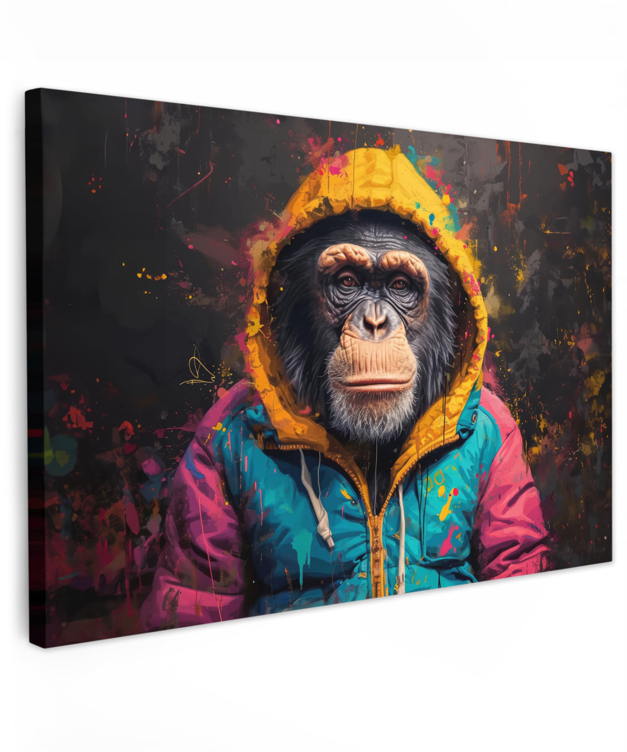 MuchoWow© Canvas Wall Art 35"x24" / 90x60 cm Decor Paintings Print framed on Canvas Pictures for Hallway Graffiti - Chimpanzee - Coat - Monkey - Paint - Banksy