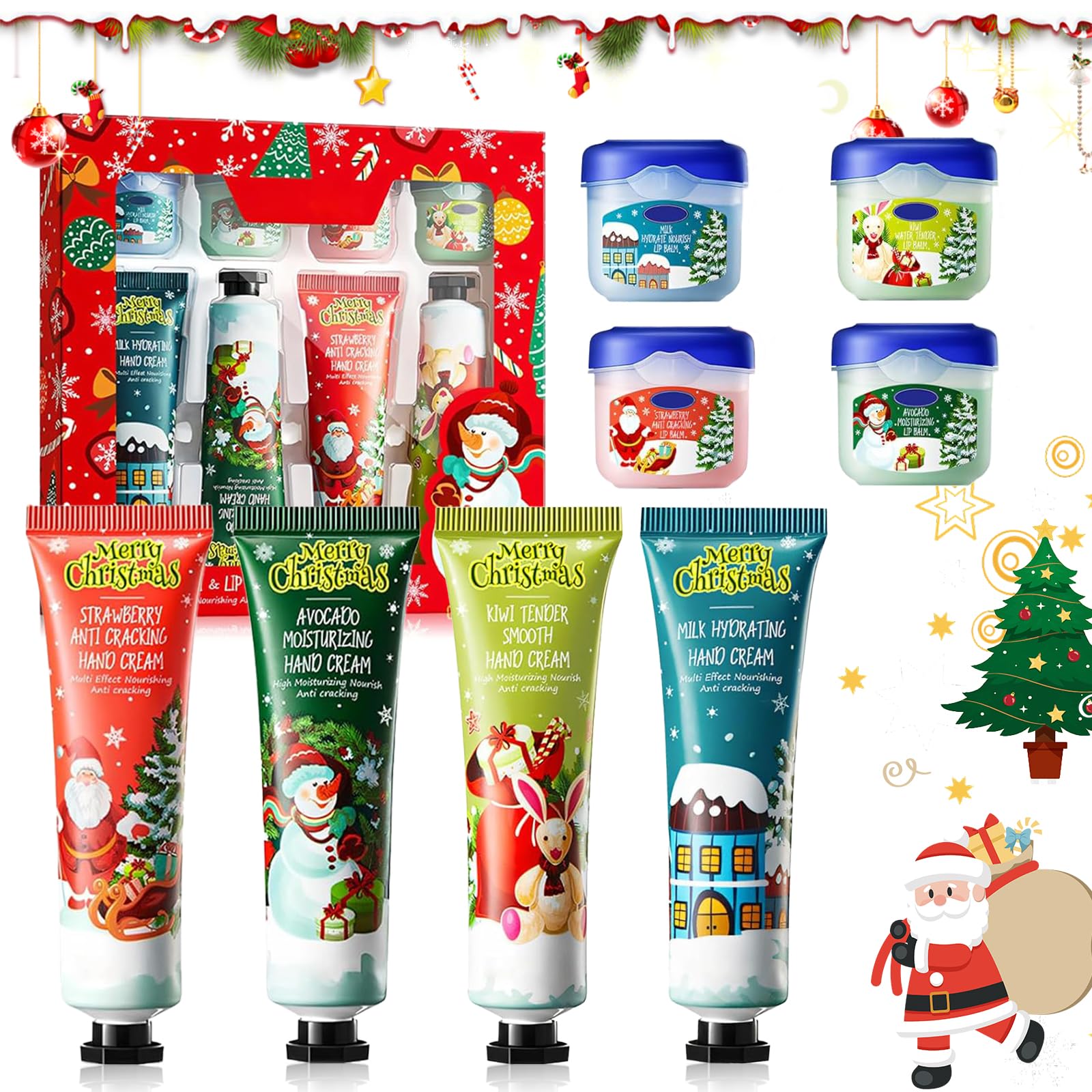 8 Pack Christmas Hand Cream And Lip Balm Set, Deeply Hydrating