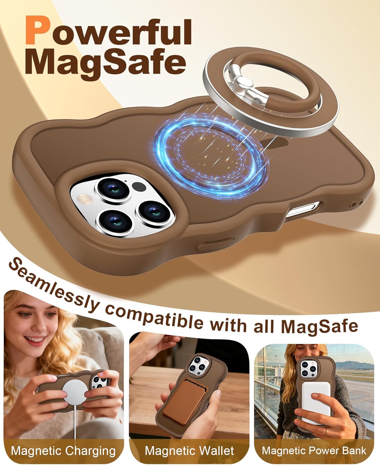 XYZ for iPhone 16 Pro Case, [Compatible with Magsafe],[Magnetic Soft Slicone Ring Holder],Curly Wavy Frame Hard Translucent Matte Back Cover Shockproof Phone Case for iPhone 16 Pro 6.3'', Brown - Image 3