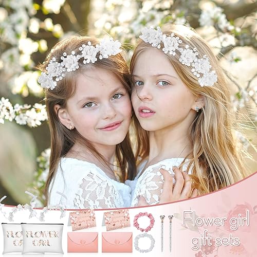 Miniatura 7 de Eccliy Juego de 12 piezas de regalo de propuesta de niña de las flores, bolsa de cosméticos, tocado de niña de las flores, scrunchies de satén,