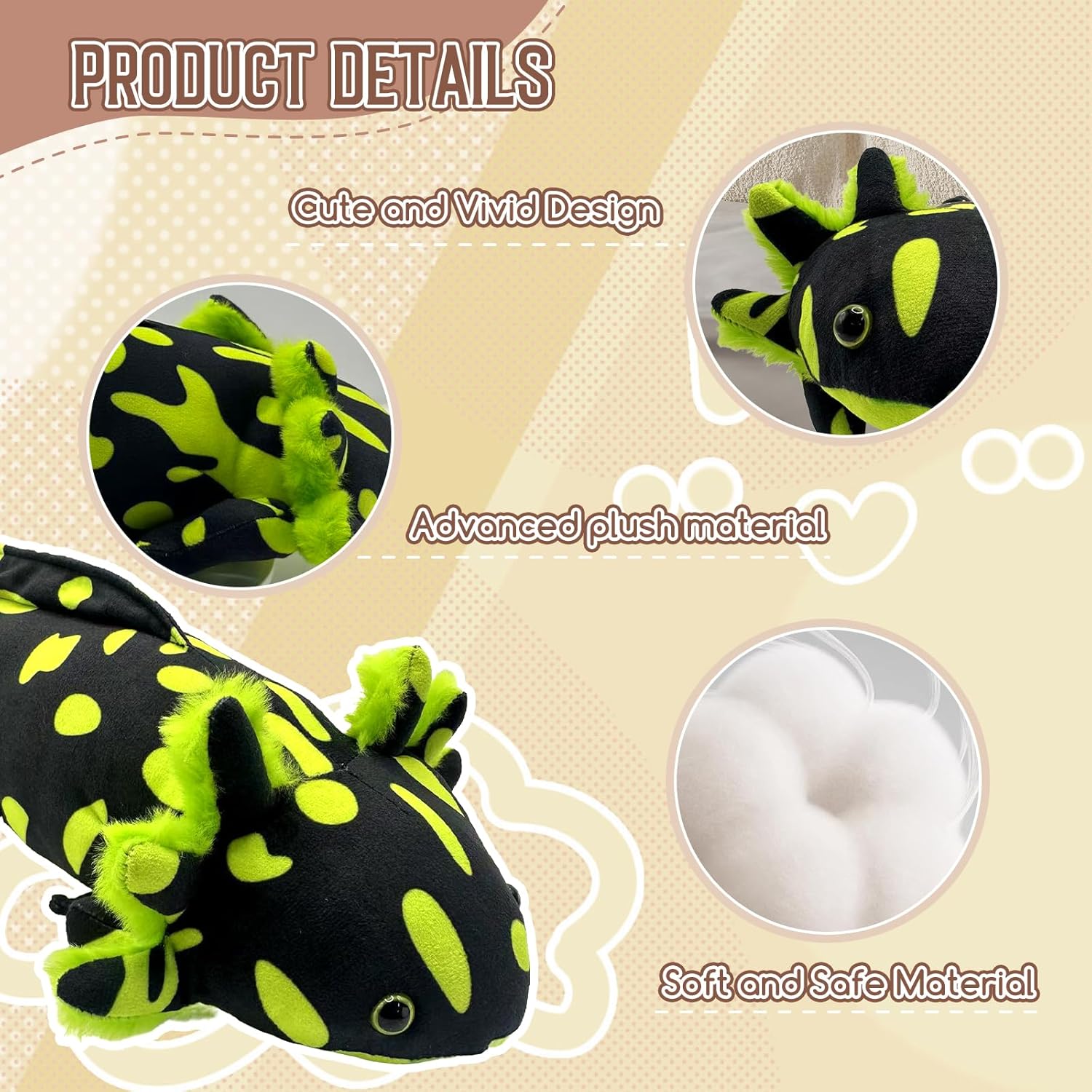 Axolotl Plush - Soft Pink Axolotl Stuffed Animal, 19 Inch Cute Salamander Plush Pillow, Kawaii Plushie Toy, Birthday Gifts for Kids and Youth (Green Black)