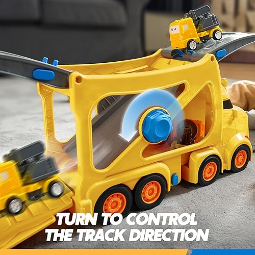 Miniatura 6 de Camiones de juguete extra grandes para niños pequeños, camiones de construcción de 3 capas para niños, camión de carga grande 7 en 1 con sirena y