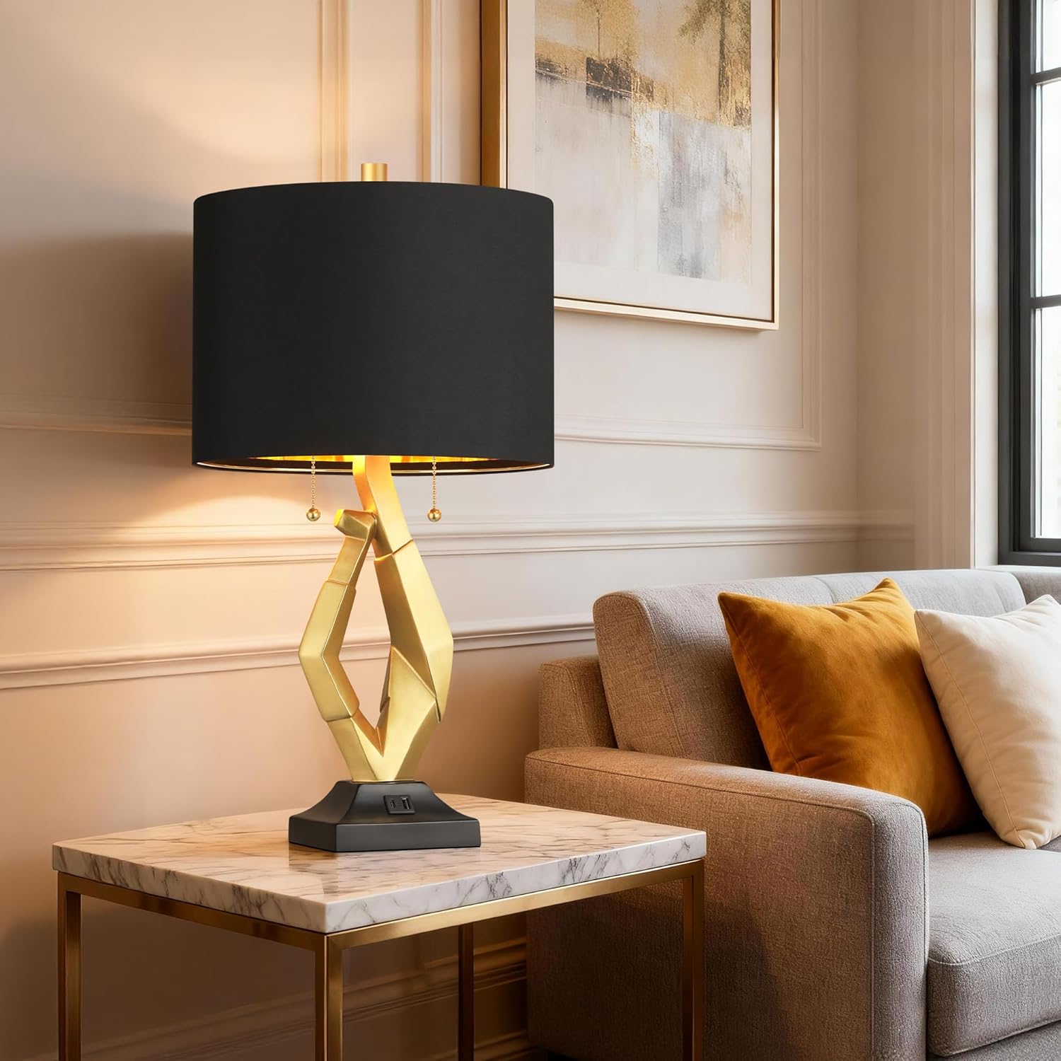 ROTTOGOON Sculptural Table Lamps for Living Room Set of 2 with USB Ports, 24.5" Modern Black and Gold Lamp with S Cluster Pull Chains Switch, End Table Lamps for Bedroom, Nightstand, Office