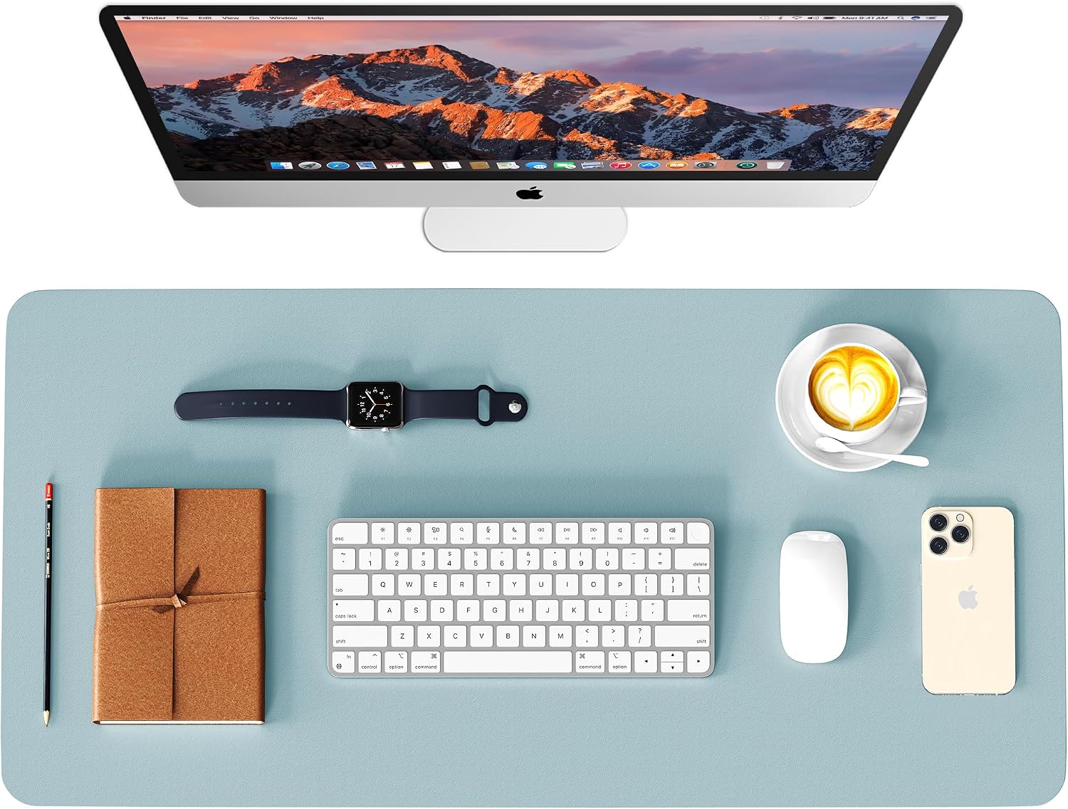 Leather Desk Pad Protector, Waterproof Mouse Pad, PU Desk Mat, Office Desk Cover, Desk Writing Mat for Office/Home/Work/Cubicle (Light Blue/Silver) 23.6x13.8 in
