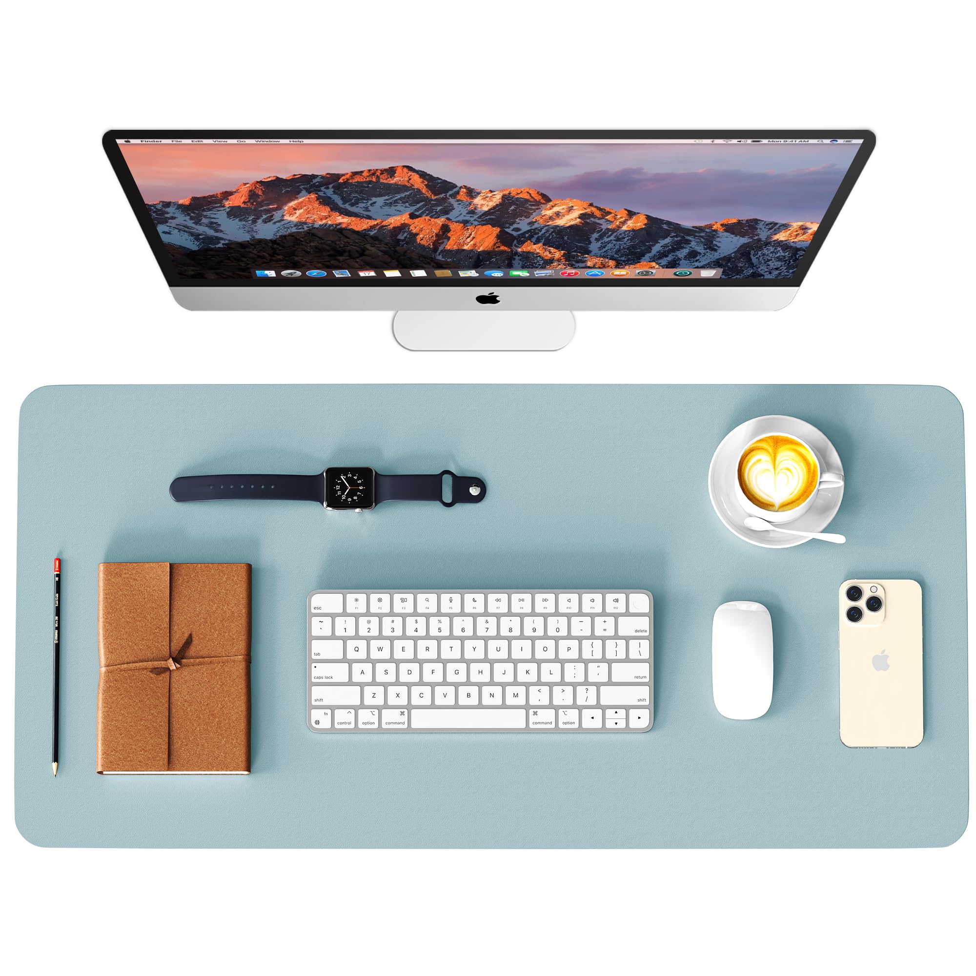 WAYBER Leather Desk Pad Protector, Waterproof Mouse Pad, PU Desk Mat, Office Desk Cover, Desk Writing Mat for Office/Home/Work/Cubicle (Light Blue/