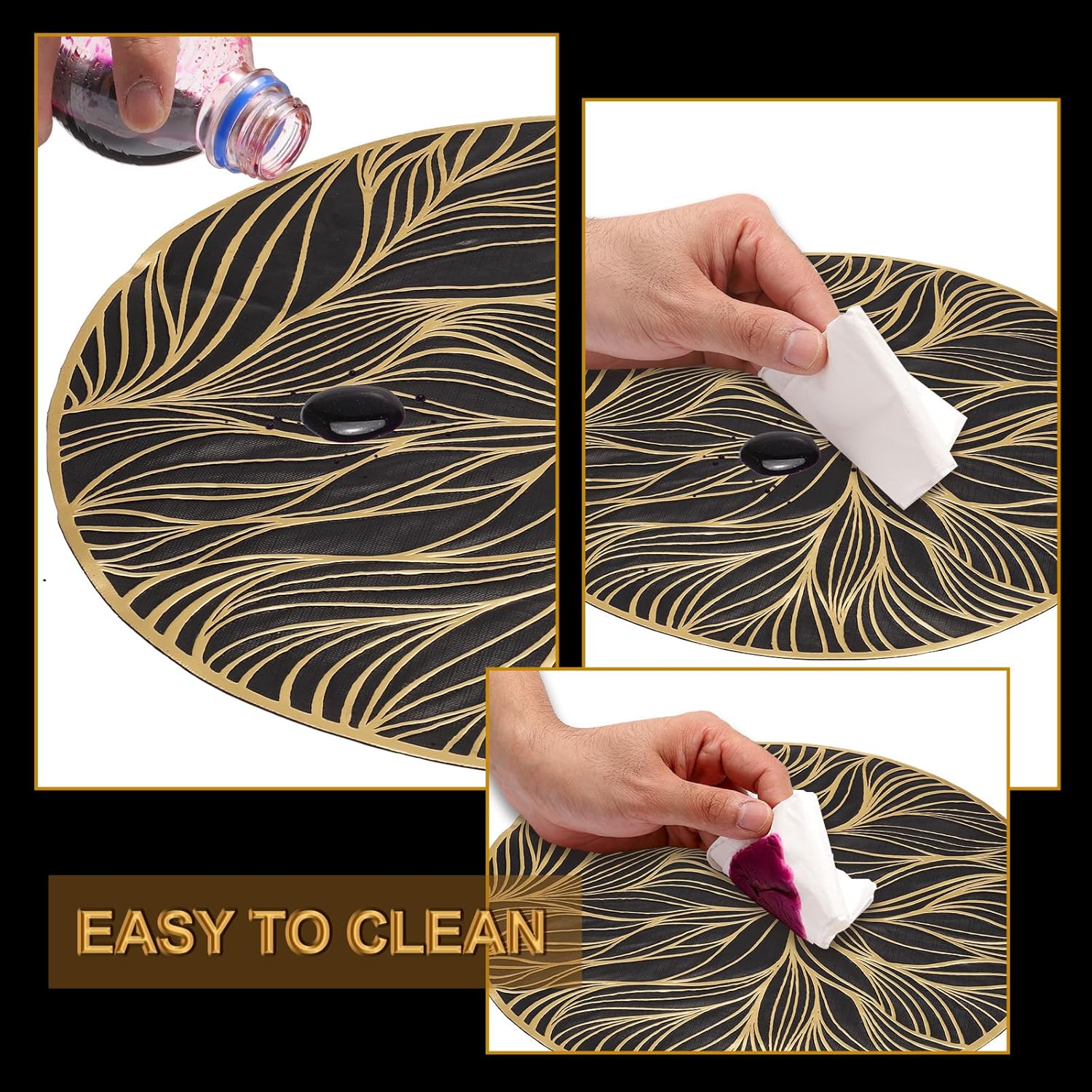uxcell Gold Black Round Seaweed Shaped Placemats Set of 8 for Dinner Tables, Metallic Polyvinyl Pressed Placemats Washable Table Mats for Dinner Table Decor (15" x 15"/38 x 38cm)