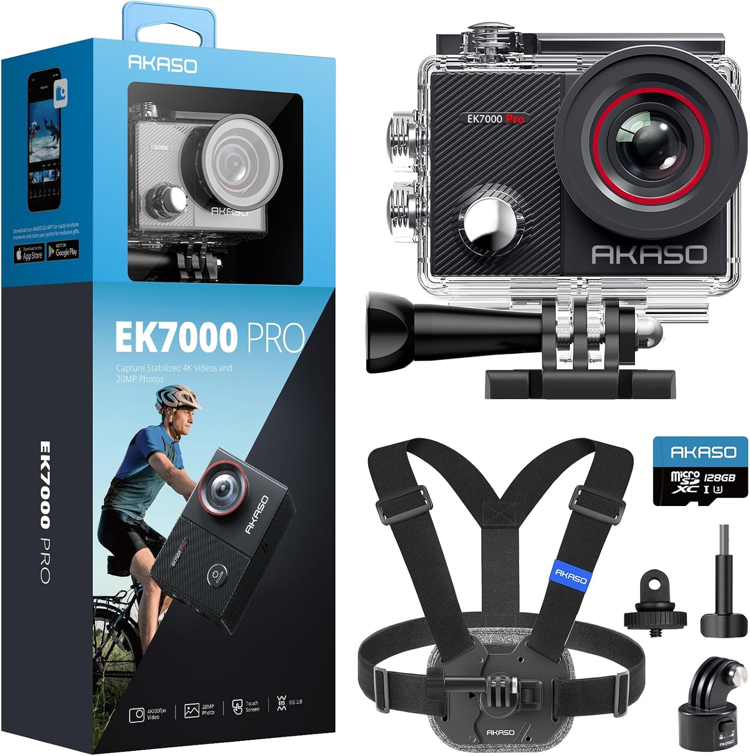 AKASO EK7000 Pro Action Camera with MicroSDXC U3 Card and Quick Release Chest Strap Accessories Kit Bundle