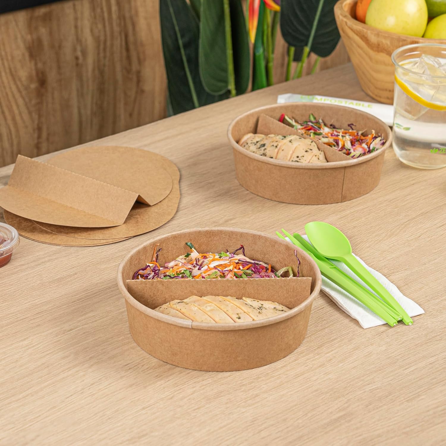 Restaurantware-Bio Tek 9.6 x 5.9 Inch Inserts For Take Out Containers, 200 Disposable Inserts For Food Boxes - Containers Sold Separately, 2 Compartments, Kraft Paper Food Insert Trays, Microwavable