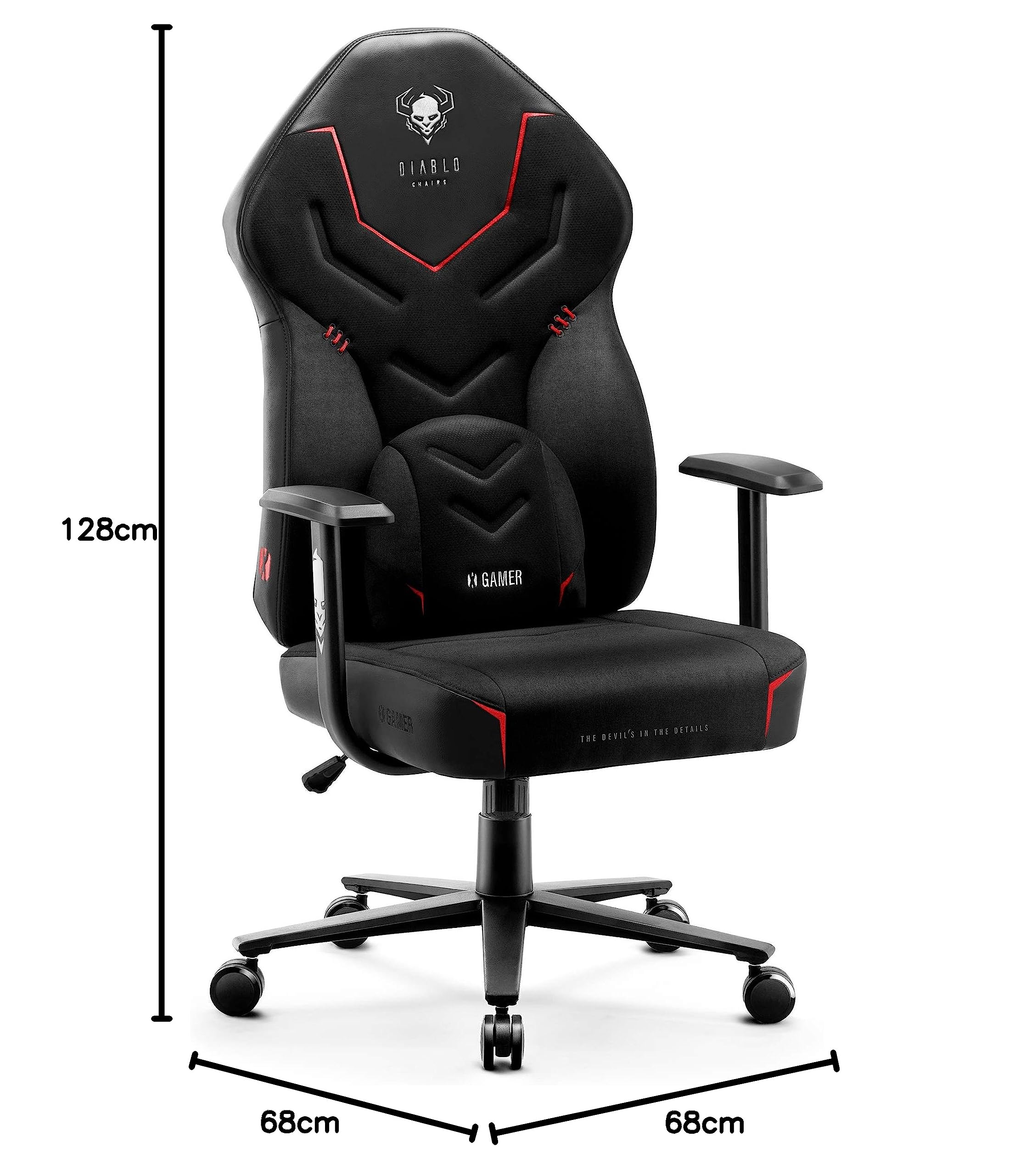 Diablo X-Gamer 2.0 Gaming Stuhl Stoff mit Lendenkissen und Wippfunktion | Gaming Chair ergonomisch mit EcoFiber-Stoff, Comfort-Layer-Sitz, SoftTouch-Armlehnen, Air-Damper und 115° Rückenlehne