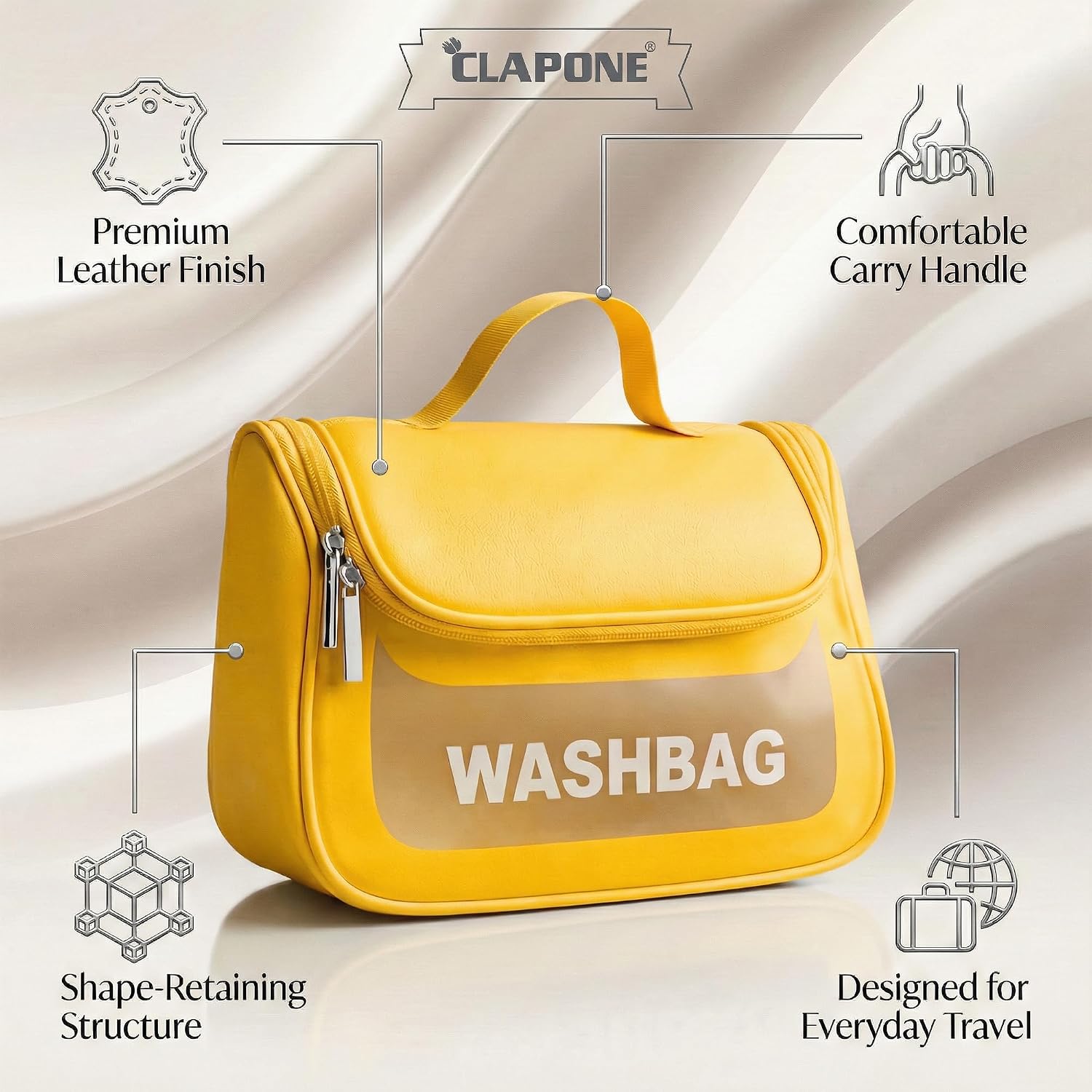 MECHDEL ·Cosmetic Bag for Women, PU Leather Makeup Pouch, Large Capacity Travel Makeup Organizer with Divider & Handle, Waterproof Portable Vanity Storage Bag for Toiletries (Washing Bag-Yellow)| Made in India 11