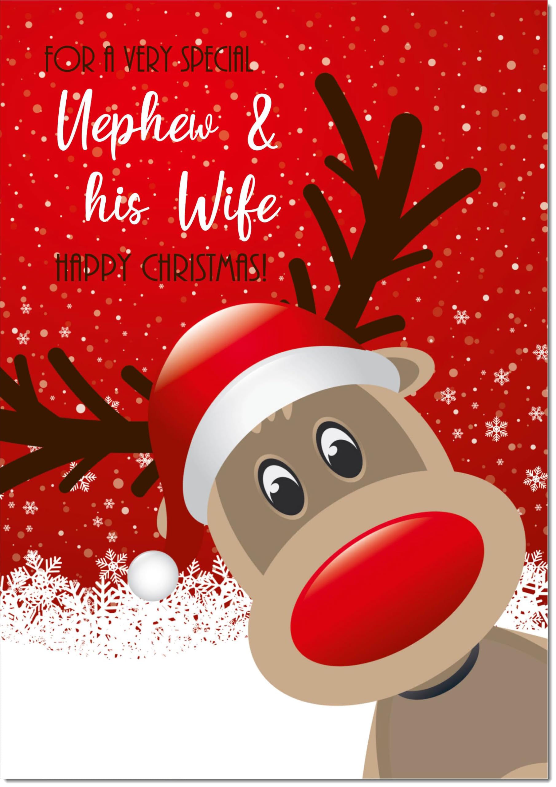 doodlecards Nephew and Wife Christmas Card Rudolph in Snow Large A4 Size Christmas Card for Nephew & Wife with Plain Envelope — image 1