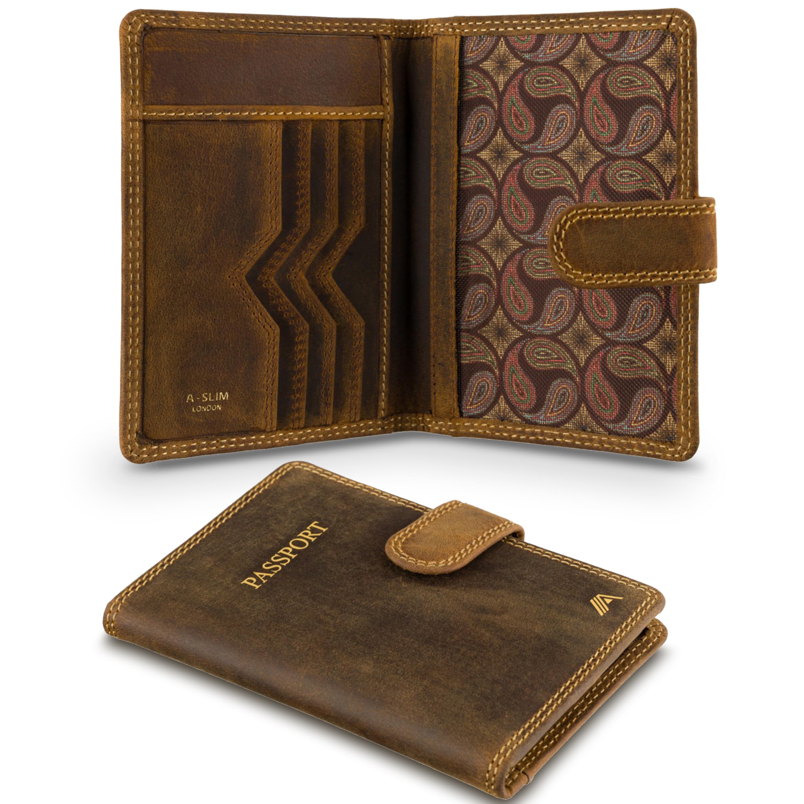 A-SLIM Gokaku Porta passaporto e portafoglio da viaggio in pelle | Organizer per accessori da viaggio per passaporto, biglietti, carta d'imbarco, carte, contanti | Pelle di mucca pieno fiore di alta