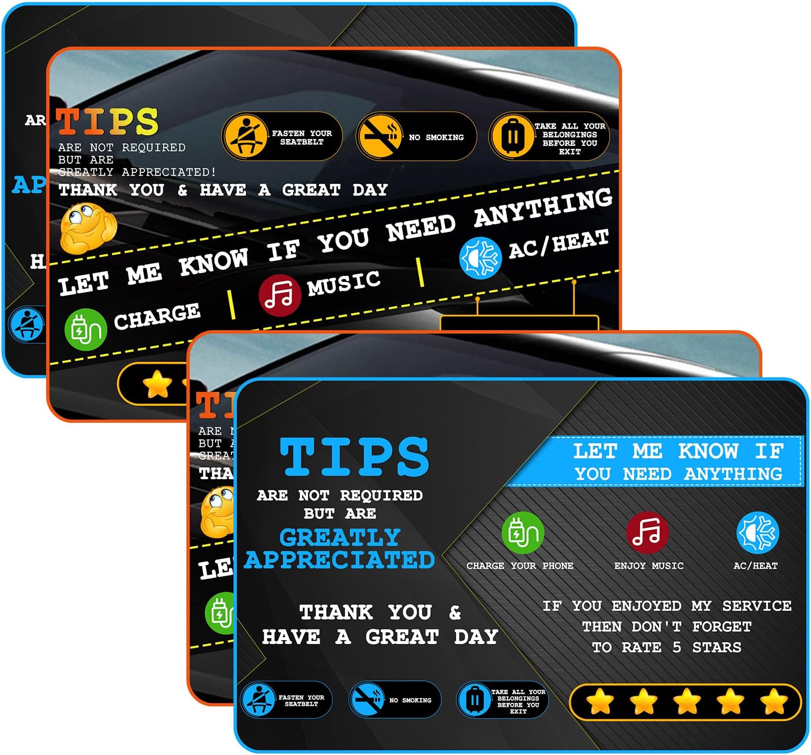 Aolamegs Rideshare Accessories Rating 5 StarsTippingTips Sign Perfect Accessory for Taxi Rating Appreciation Signs 9 * 6'' (4 Pack)