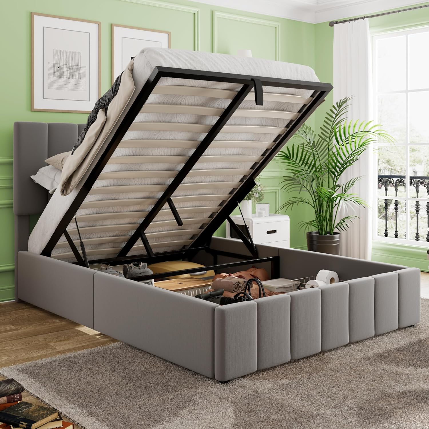 Gas Lift Up Platform Bed, Upholstered Bed Frame with Hydraulic Storage System, Wooden Slat Support and Under Bed Storage, Space-Saving Design, Full,Gray