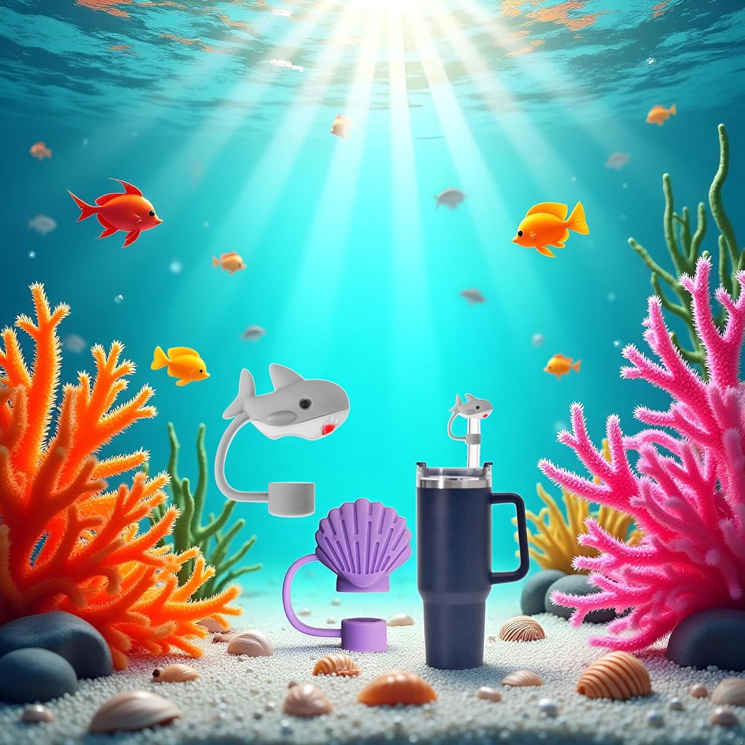 Sharks and shells Straw Cover for Stanley 40&30 Oz Cup, 10mm Silicone Straw Covers Cap for Stanley Cup Accessories, Cute Topper for Tumblers, Cap Stopper for Reusable Straws - Image 2