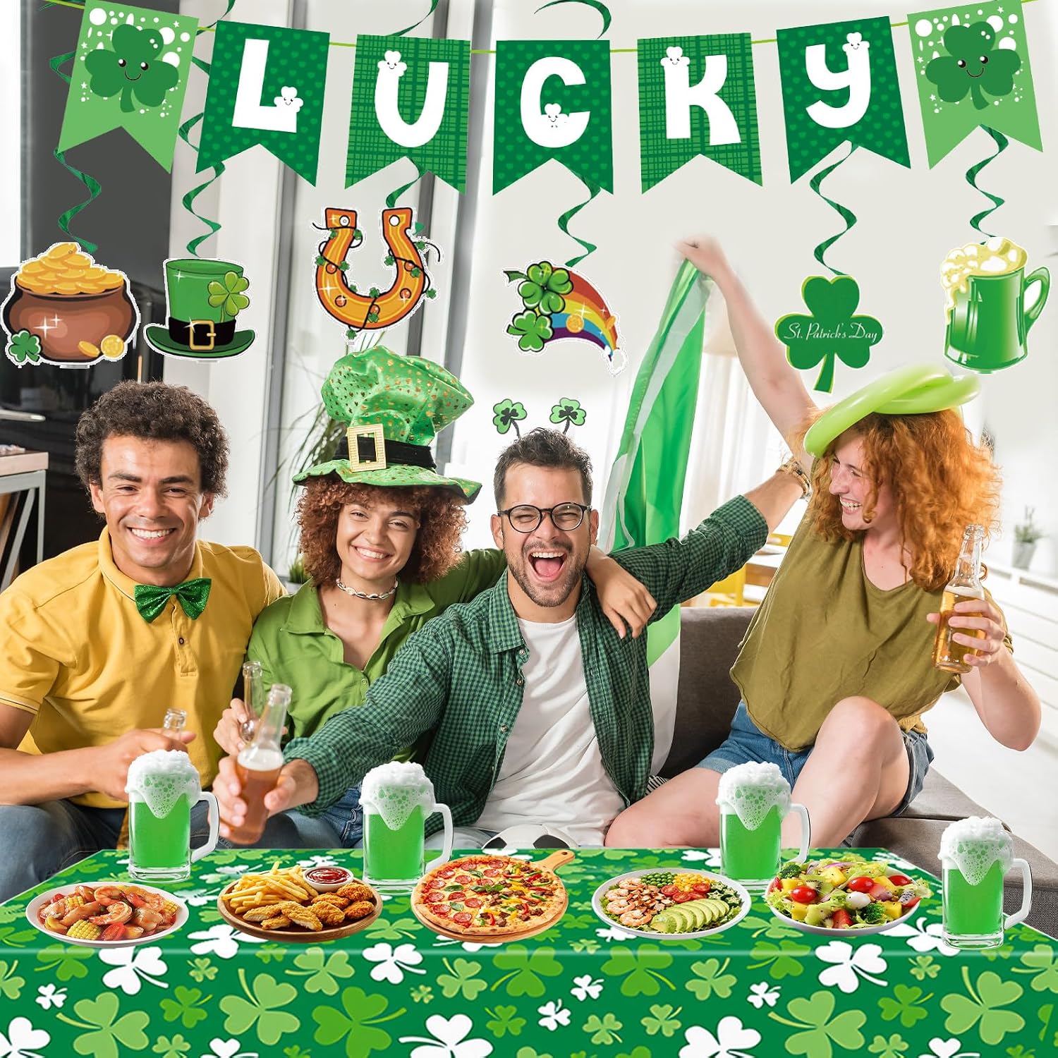 St Patricks Day Tablecloth Party Decorations, 2 Pack Green with Shamrock Designs Tablecloth, Grass Disposable Table Cover 54x108 Inch, Rectangle Ireland Table Cloth for St Patrick's Day Table Decor image 5