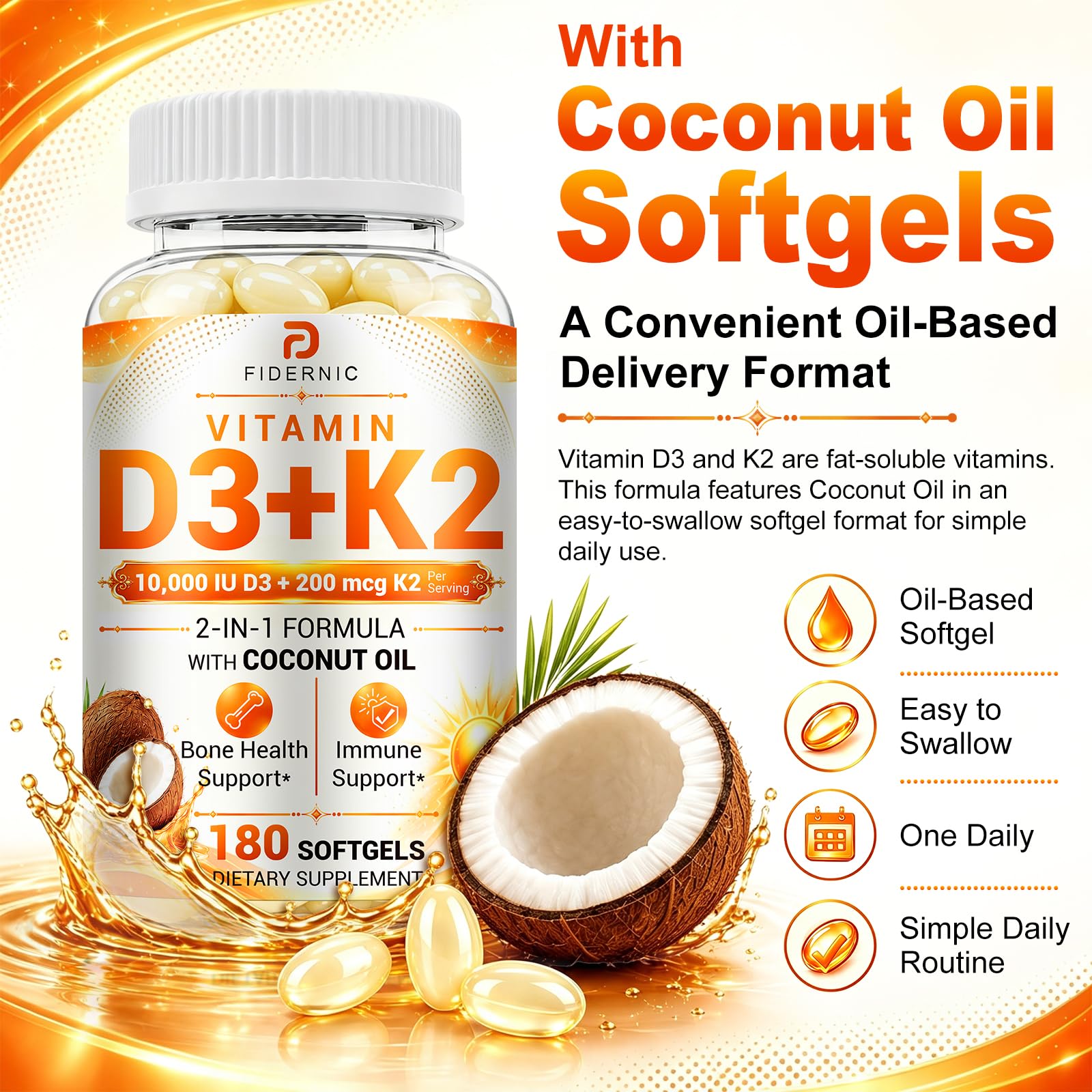Vitamin D3 K2 - 10000 IU + 200mcg MK-7 with Coconut Oil - 180 Softgels — Amazon image 4