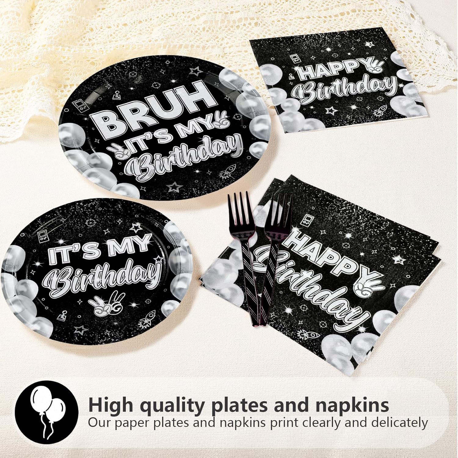 96pcs Bruh It's My Birthday Decorations Black and White Birthday Plates and Napkins for Teen Boys Black and Silver Birthdays Party Decorations