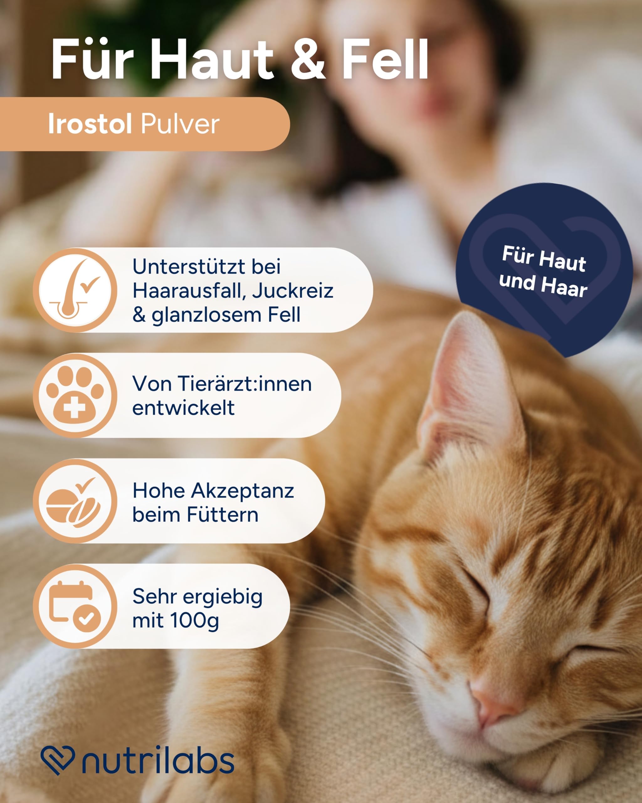 NutriLabs Irostol® Pulver 100 g - Nahrungsergänzung mit MSM, Biotin & Omegafettsäuren - wichtige Katzen Vitamine - Gesundheitsprodukte für Katzen - Fellpflege Katze